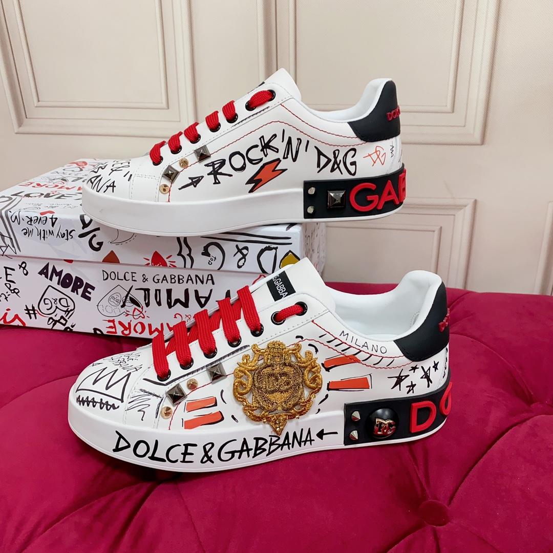 Dolce & Gabbana Calfskin Portofino Sneakers With Embroidery And Studs - EUR FASHION