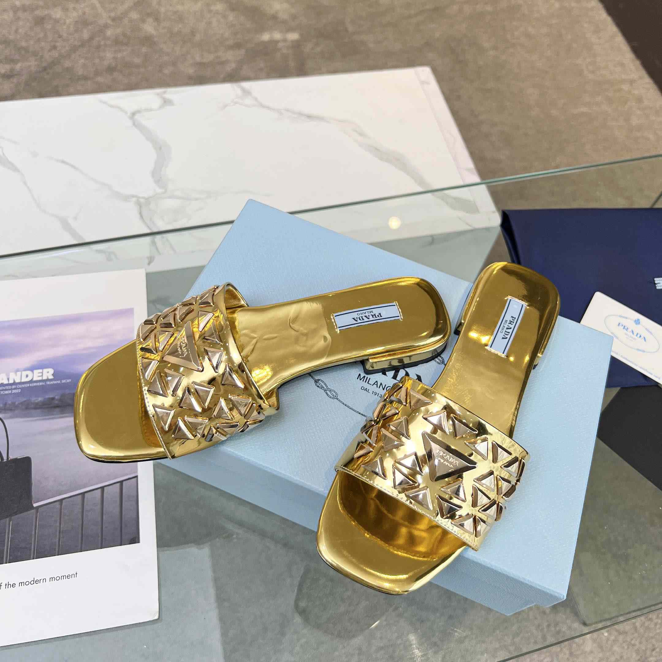 Prada Studded Metallic Leather Slides - EUR FASHION