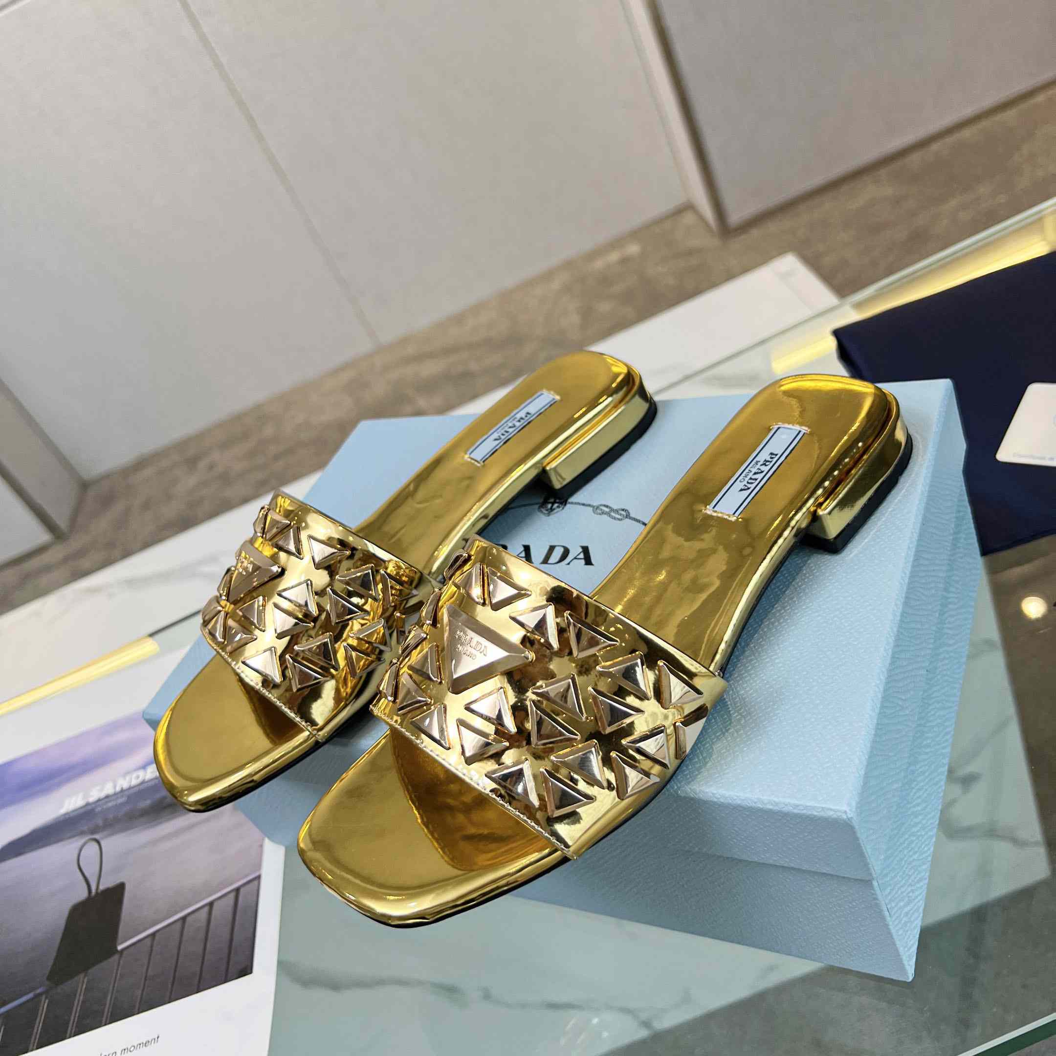 Prada Studded Metallic Leather Slides - EUR FASHION