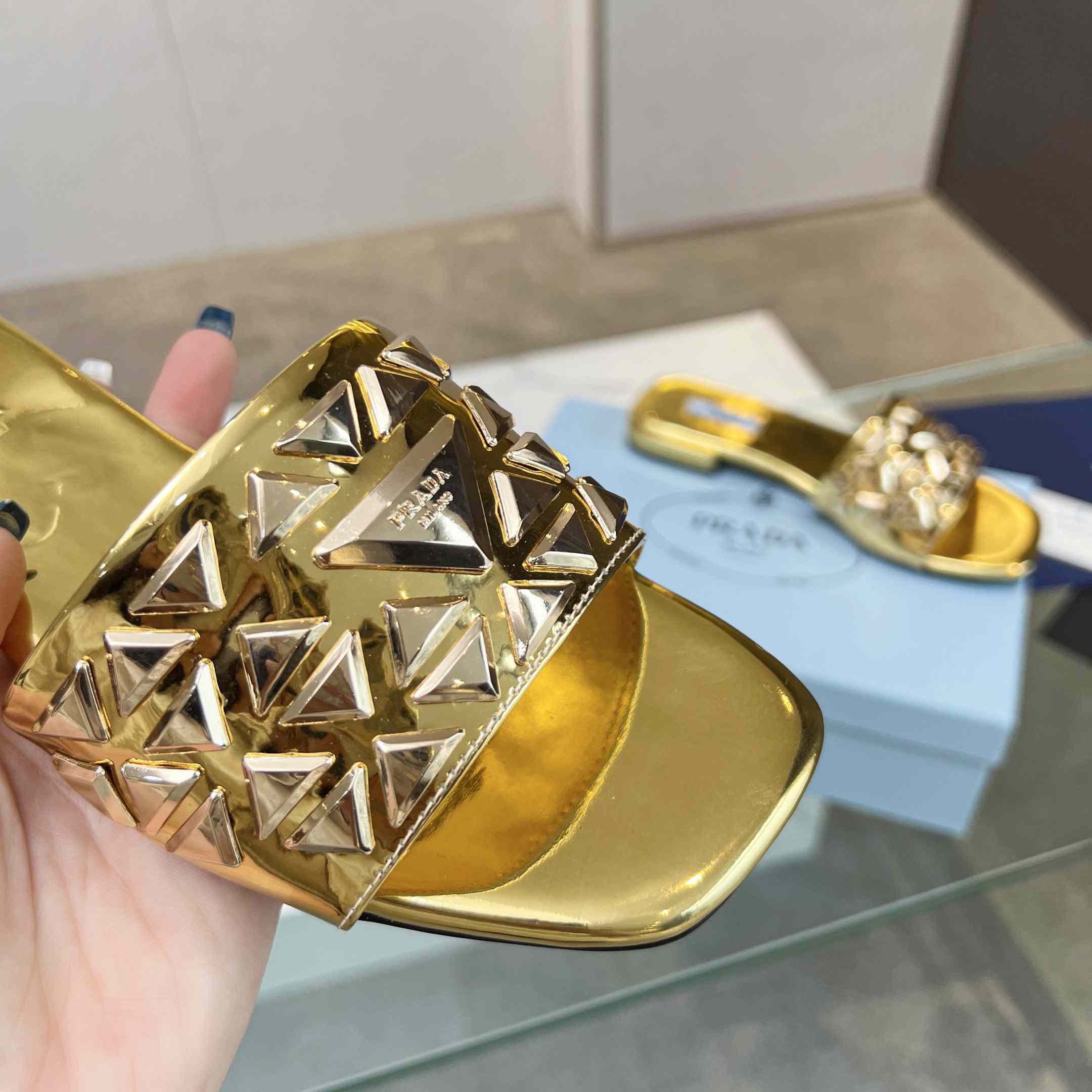 Prada Studded Metallic Leather Slides - EUR FASHION