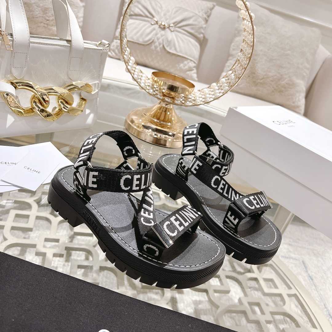 Celine Leo Strappy Sandal In With ''Celine'' Jacquard Black / White - EUR FASHION