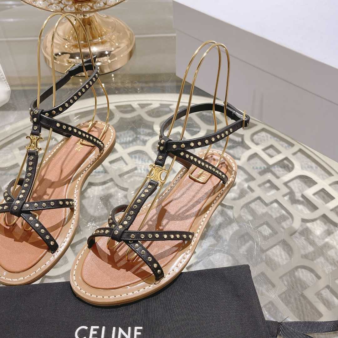 Celine Taillat Flat Sandal With Studs In Calfskin - Vegetal Tanning & Studs Black - EUR FASHION