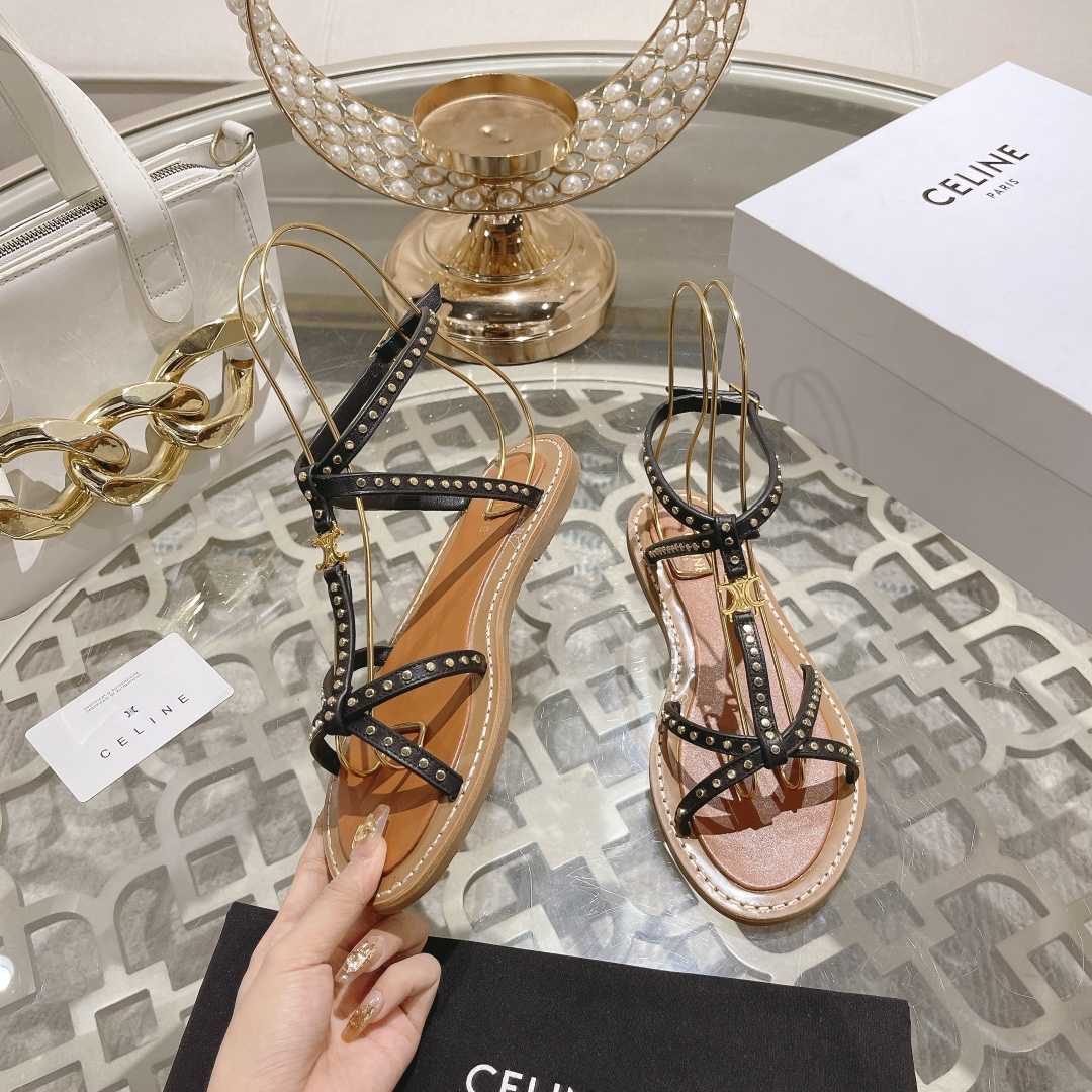 Celine Taillat Flat Sandal With Studs In Calfskin - Vegetal Tanning & Studs Black - EUR FASHION