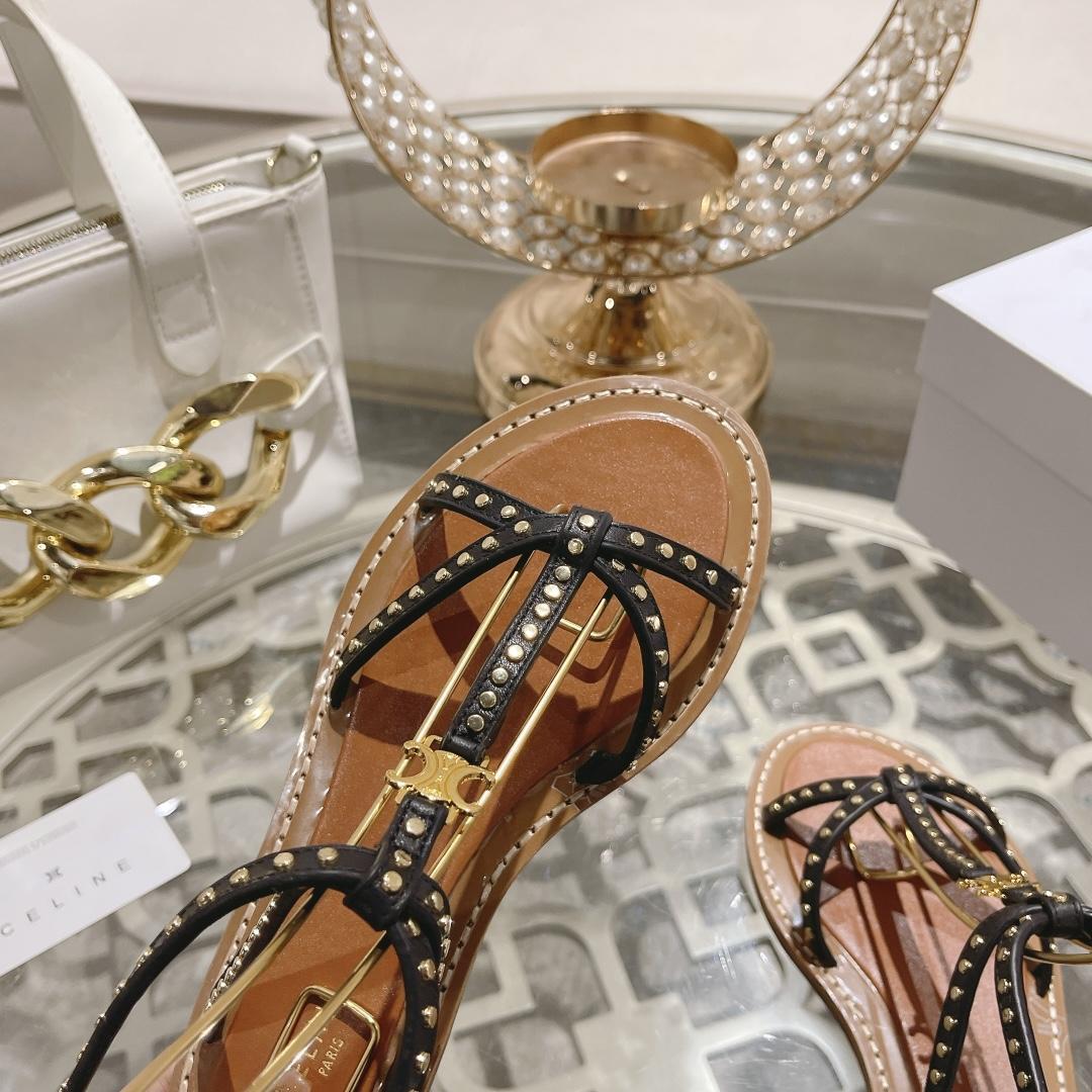 Celine Taillat Flat Sandal With Studs In Calfskin - Vegetal Tanning & Studs Black - EUR FASHION