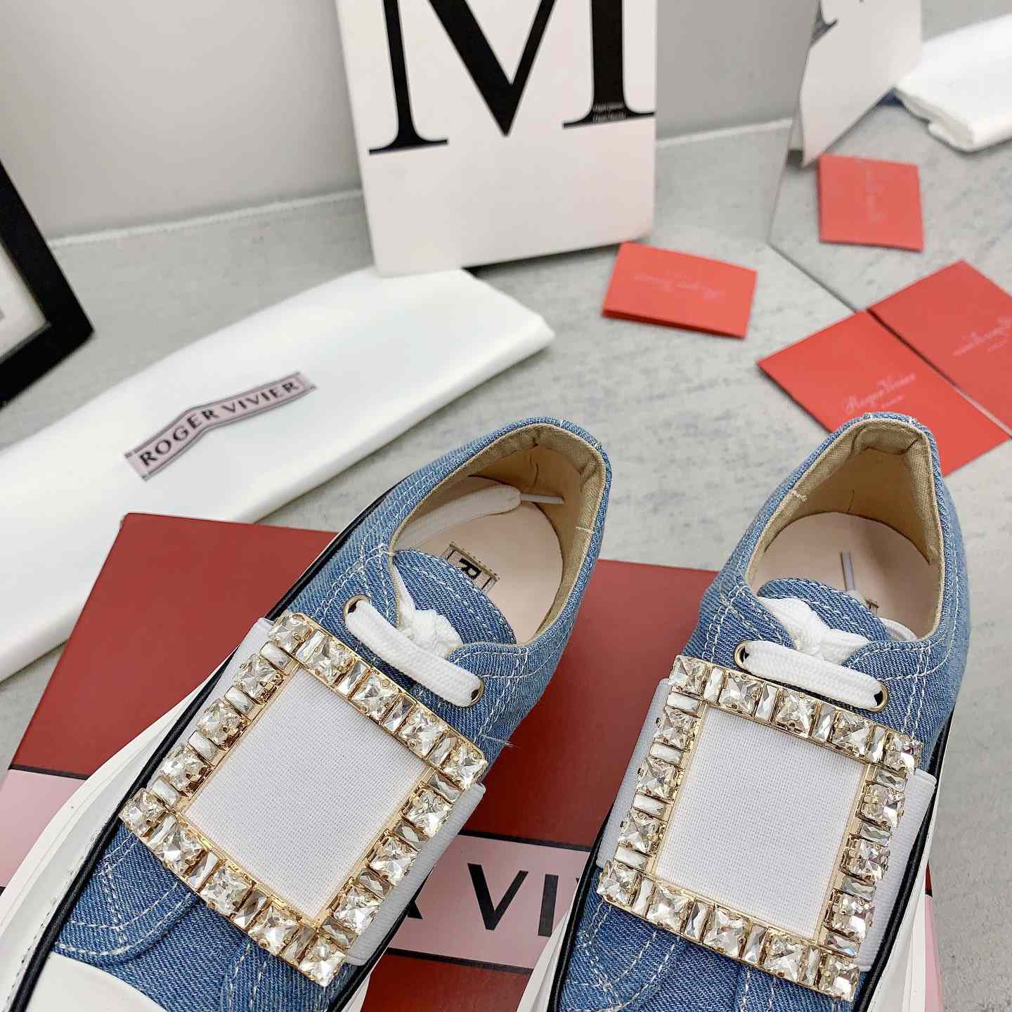 Roger Vivier Viv' Go-Thick Strass Buckle Slip-on Sneakers In Denim - EUR FASHION