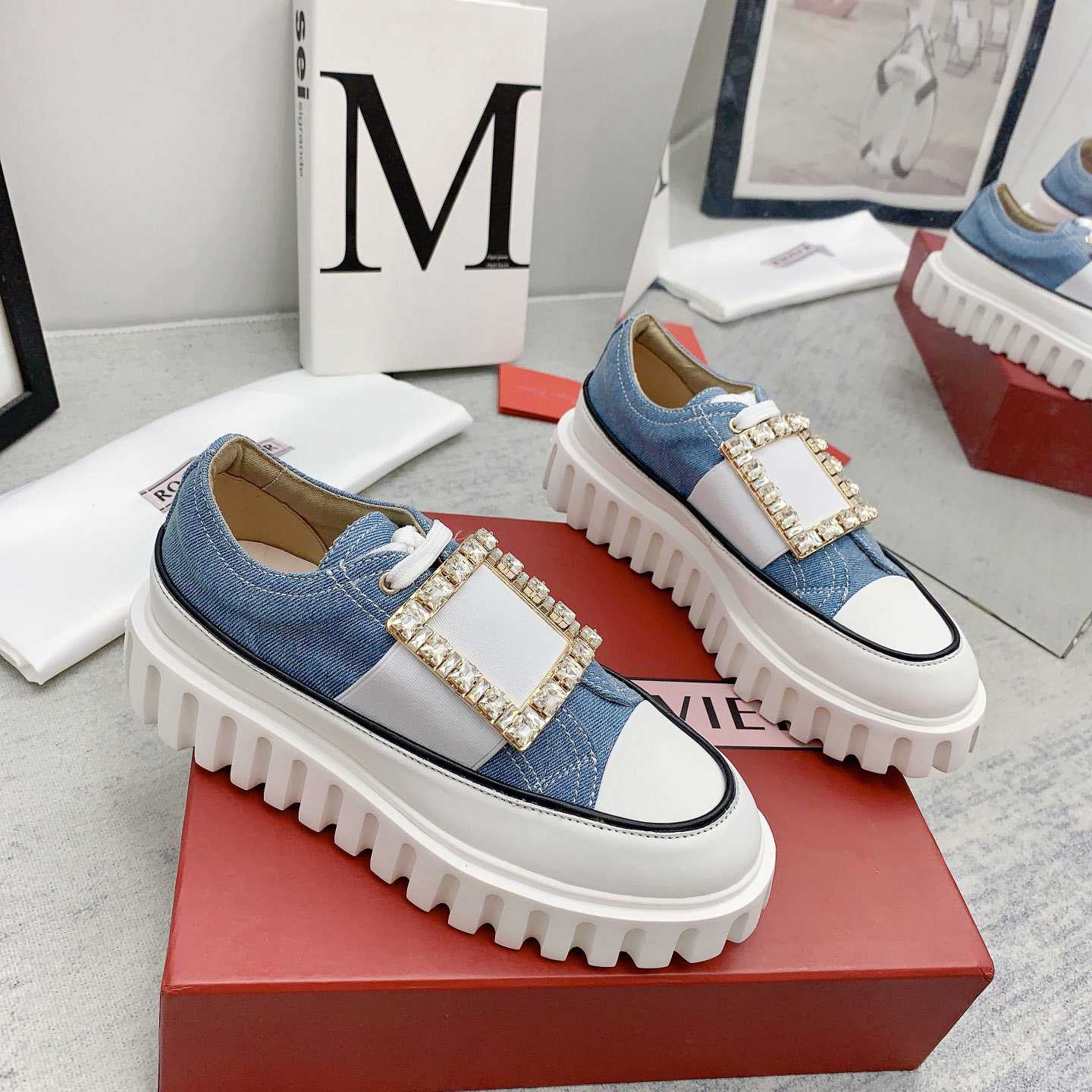 Roger Vivier Viv' Go-Thick Strass Buckle Slip-on Sneakers In Denim - EUR FASHION