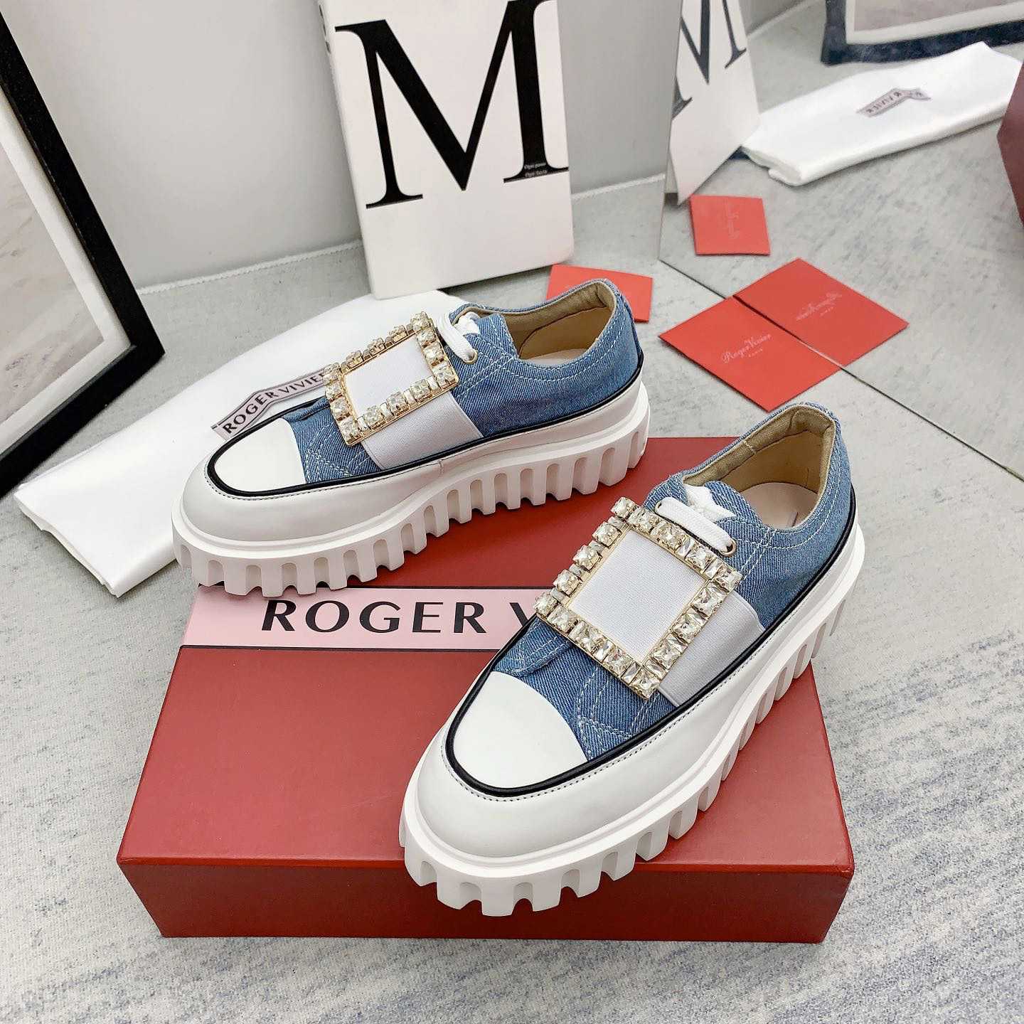 Roger Vivier Viv' Go-Thick Strass Buckle Slip-on Sneakers In Denim - EUR FASHION