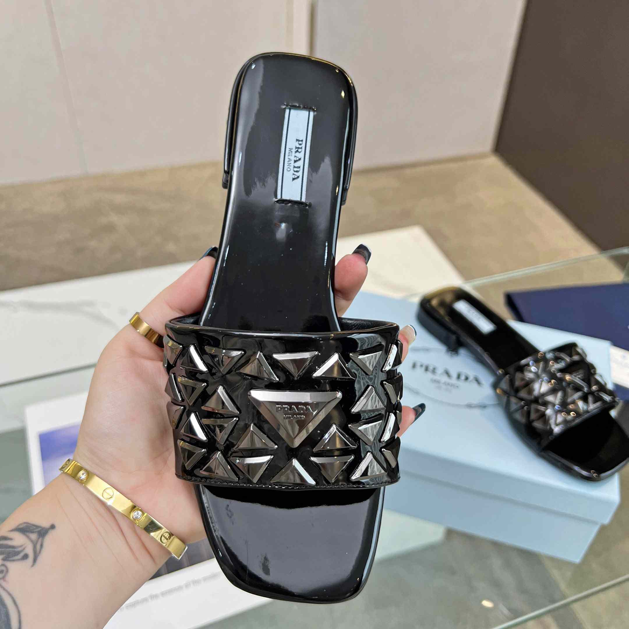 Prada Studded Metallic Leather Slides - EUR FASHION