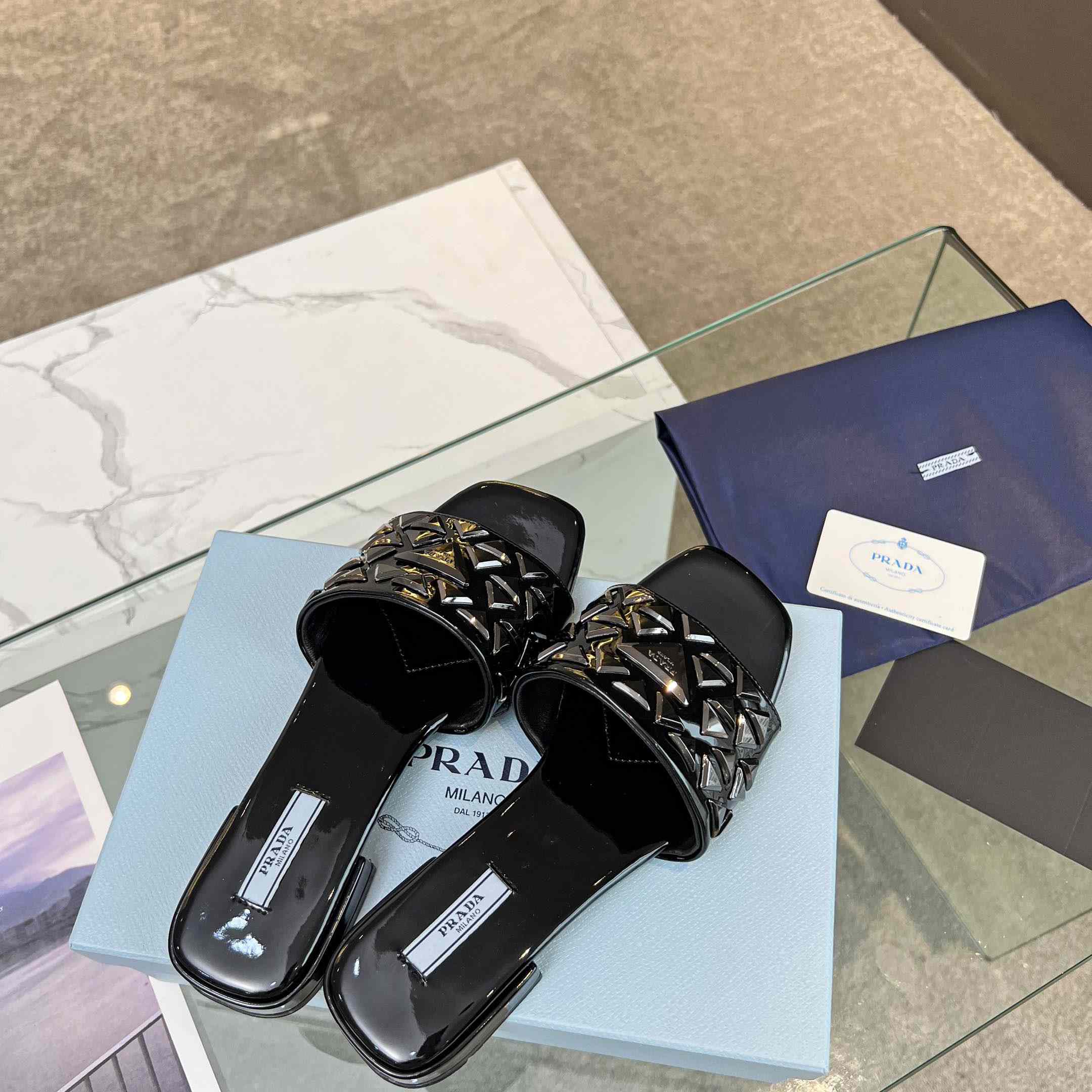 Prada Studded Metallic Leather Slides - EUR FASHION