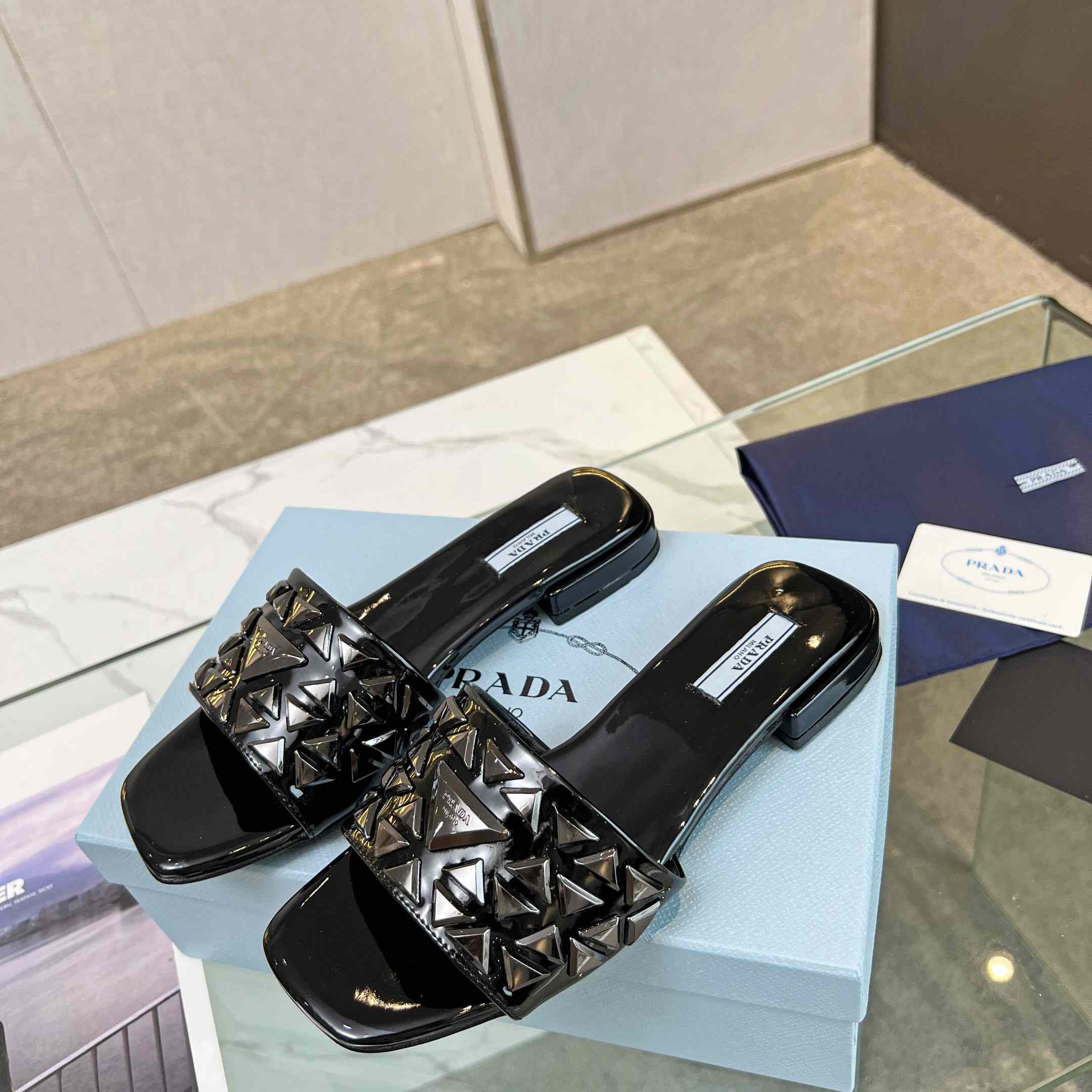 Prada Studded Metallic Leather Slides - EUR FASHION