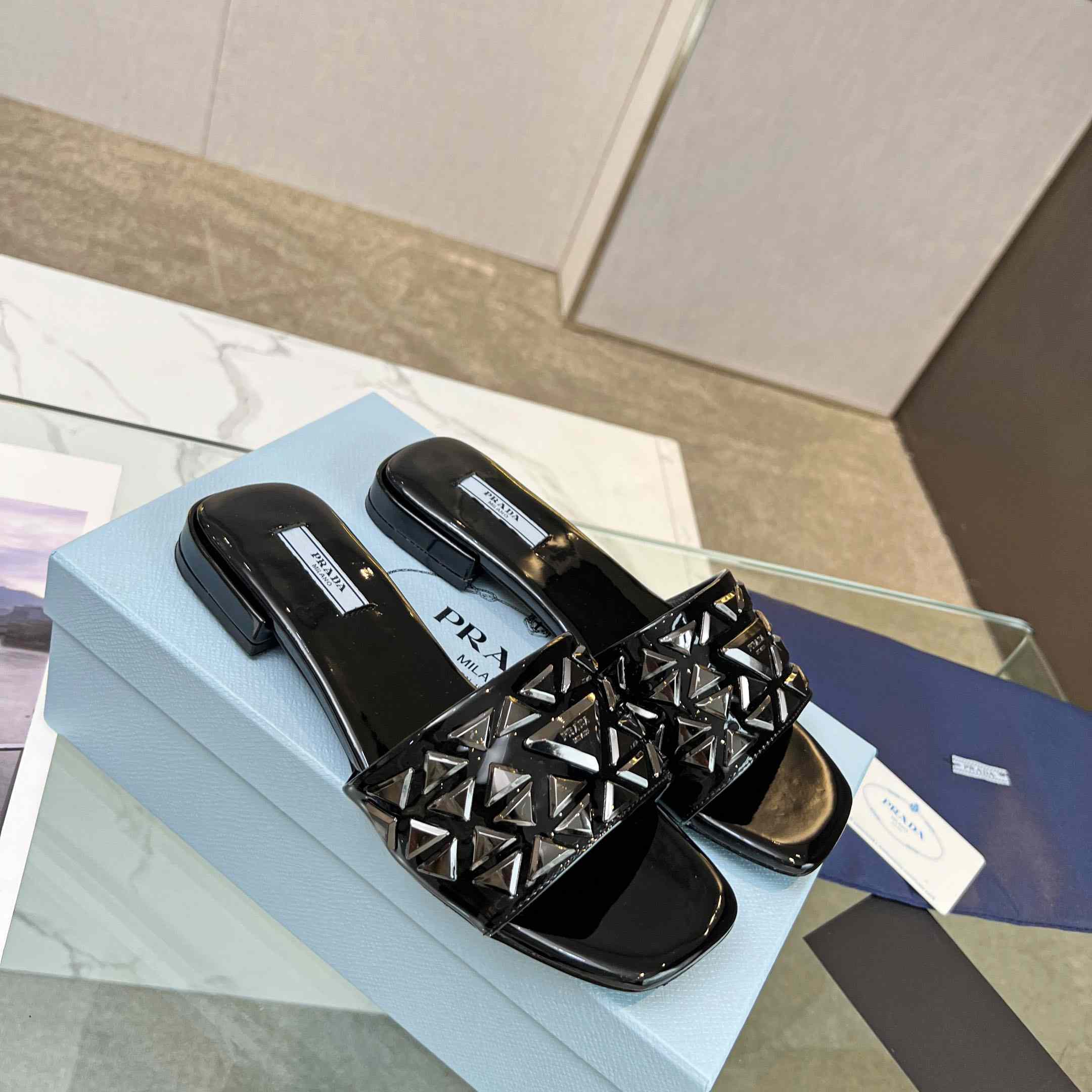 Prada Studded Metallic Leather Slides - EUR FASHION