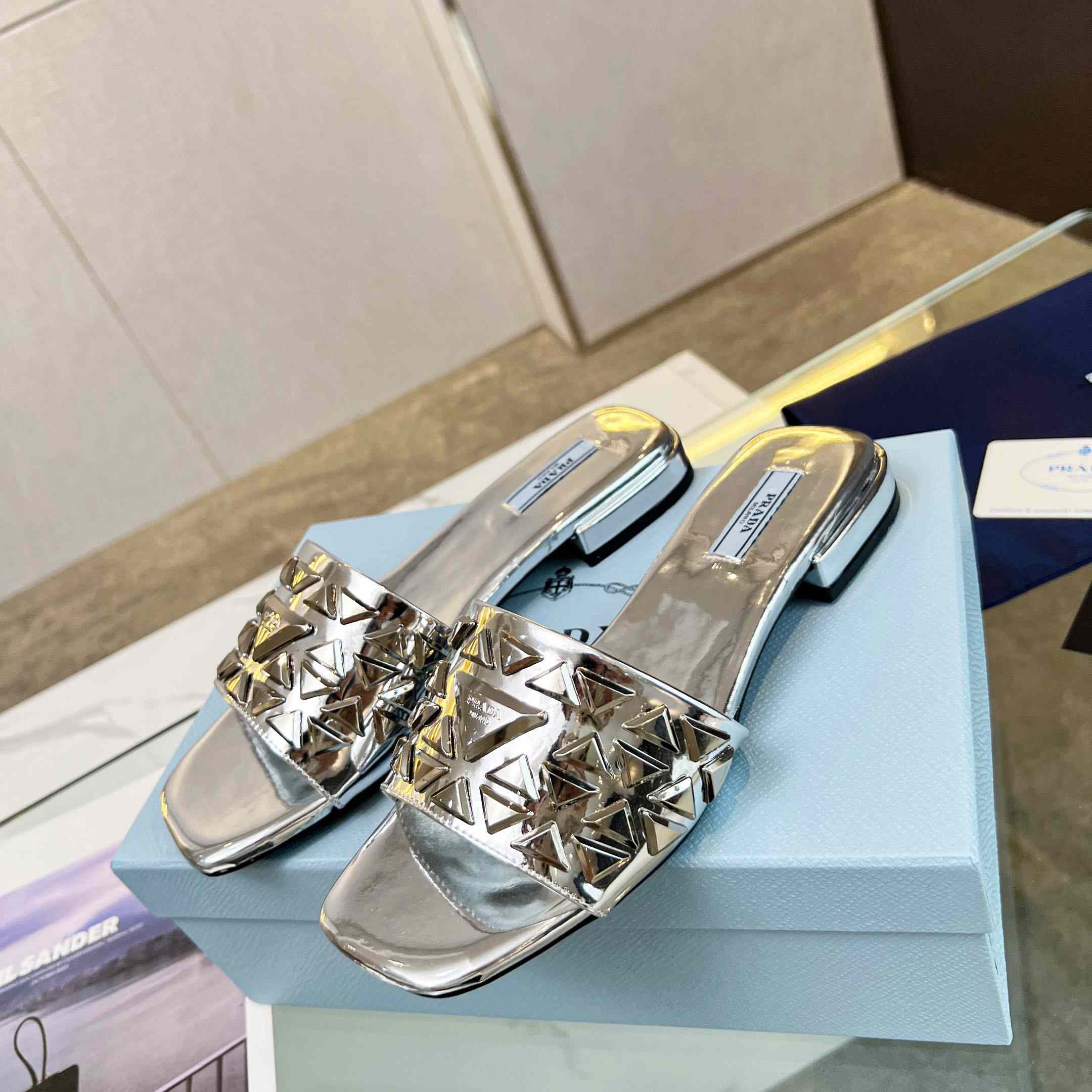 Prada Studded Metallic Leather Slides - EUR FASHION