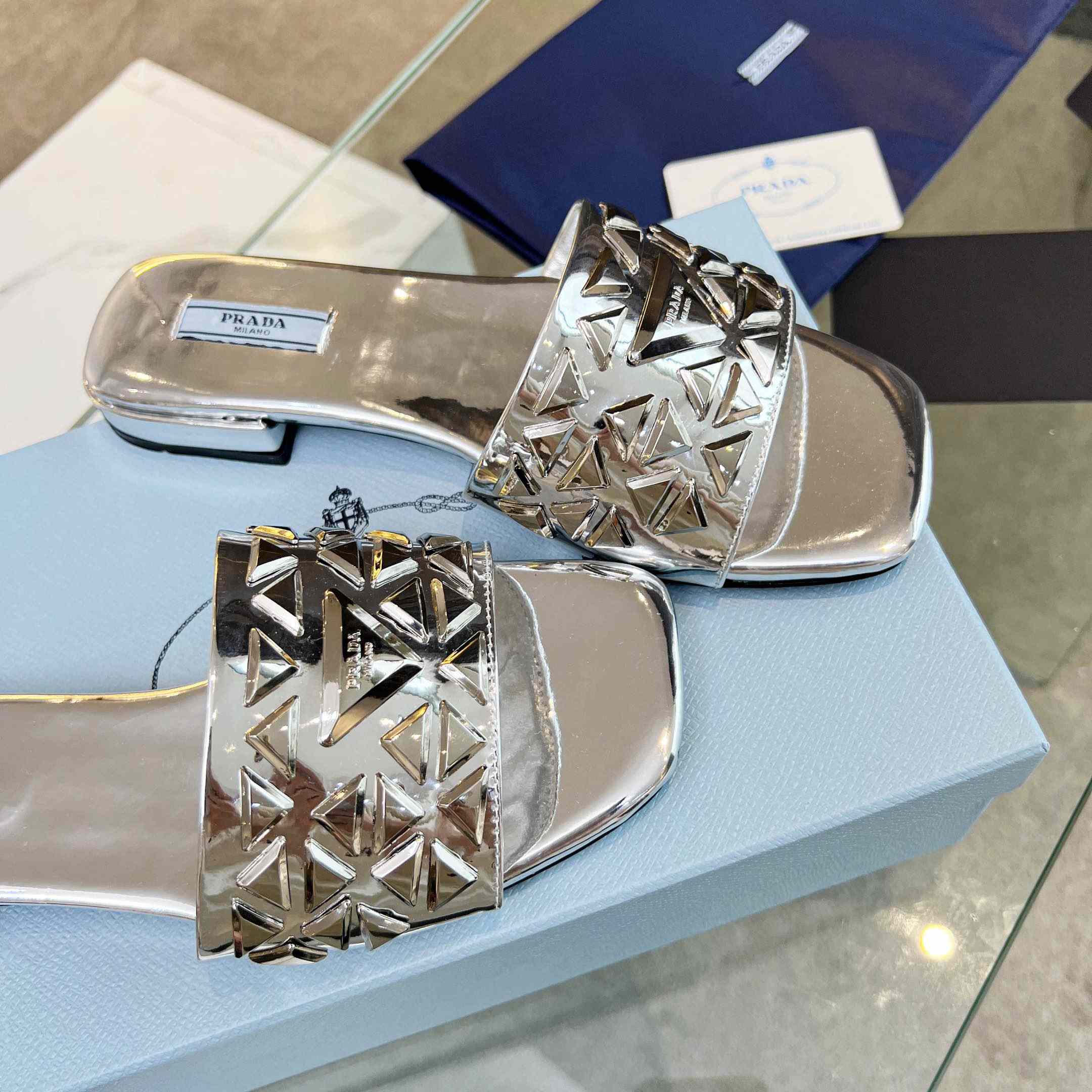 Prada Studded Metallic Leather Slides - EUR FASHION