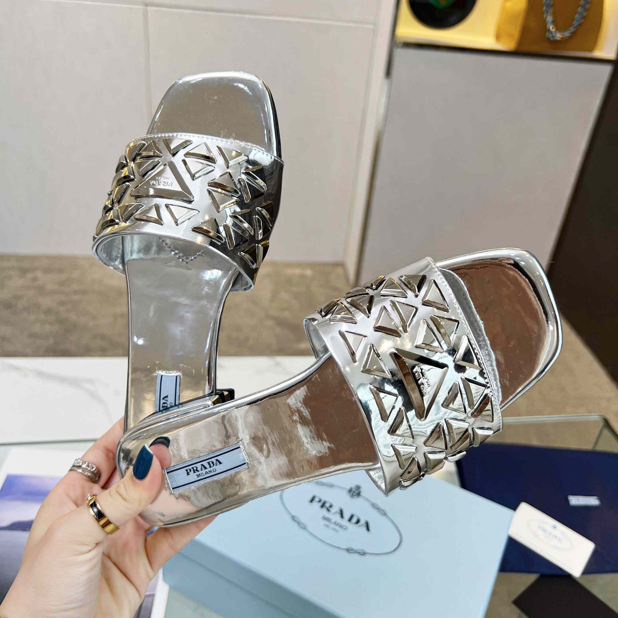 Prada Studded Metallic Leather Slides - EUR FASHION