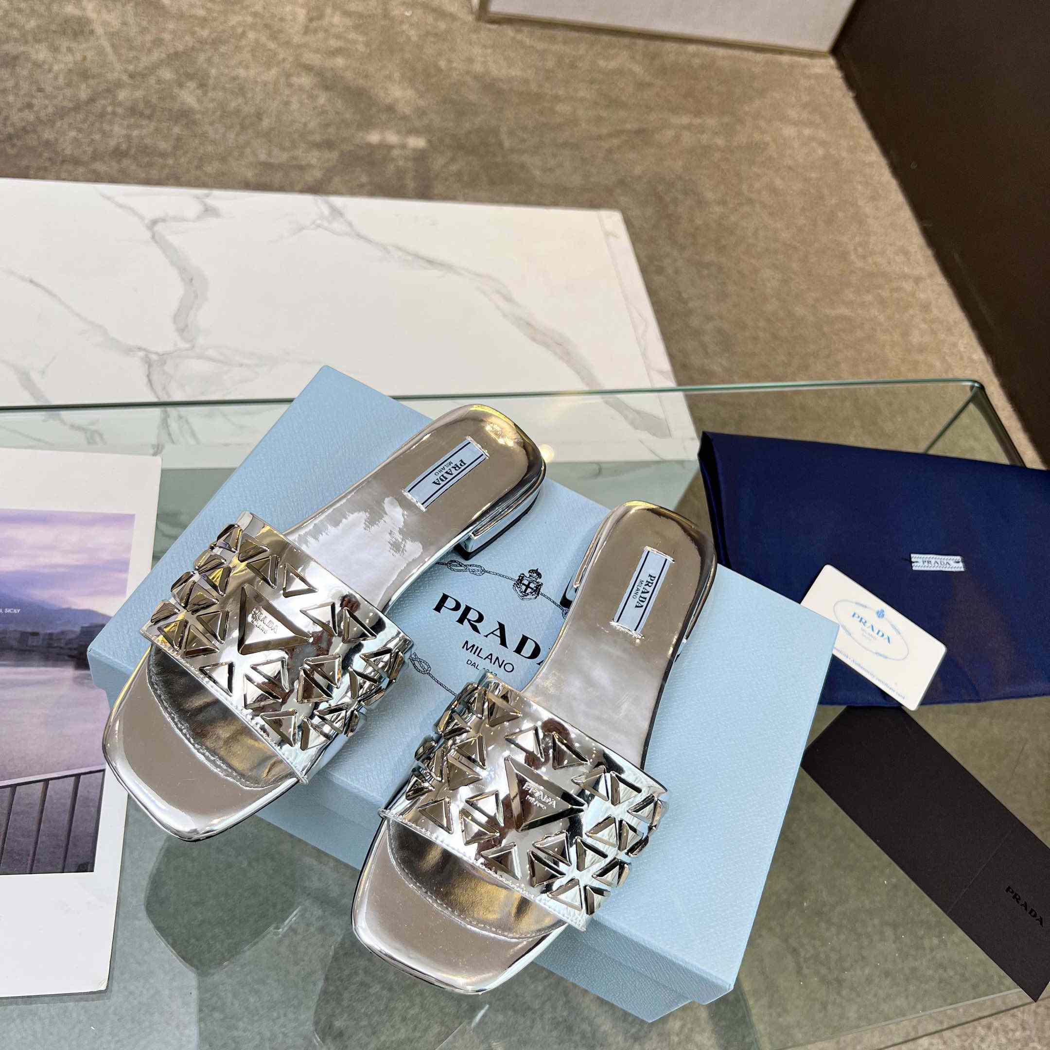 Prada Studded Metallic Leather Slides - EUR FASHION