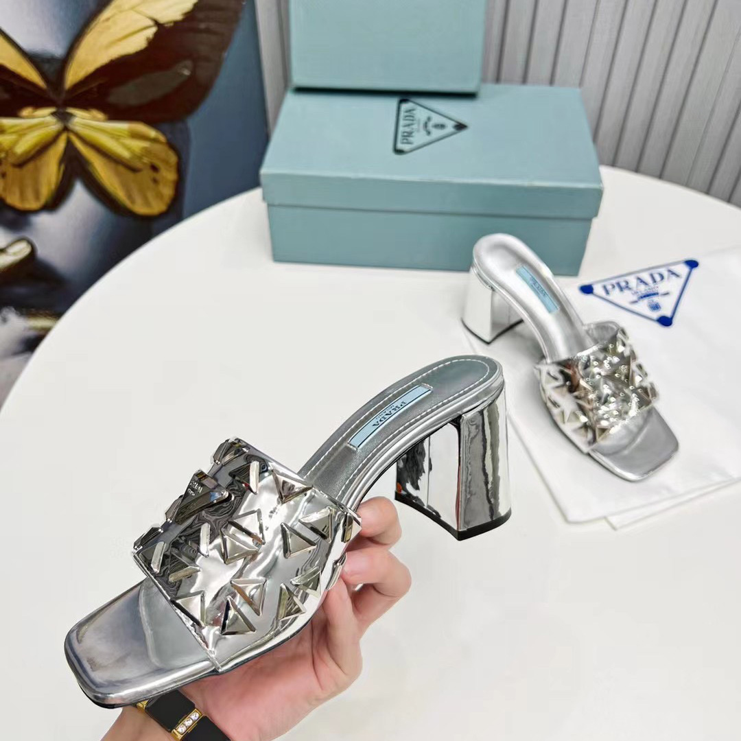 Prada Studded Metallic Leather Mules - EUR FASHION