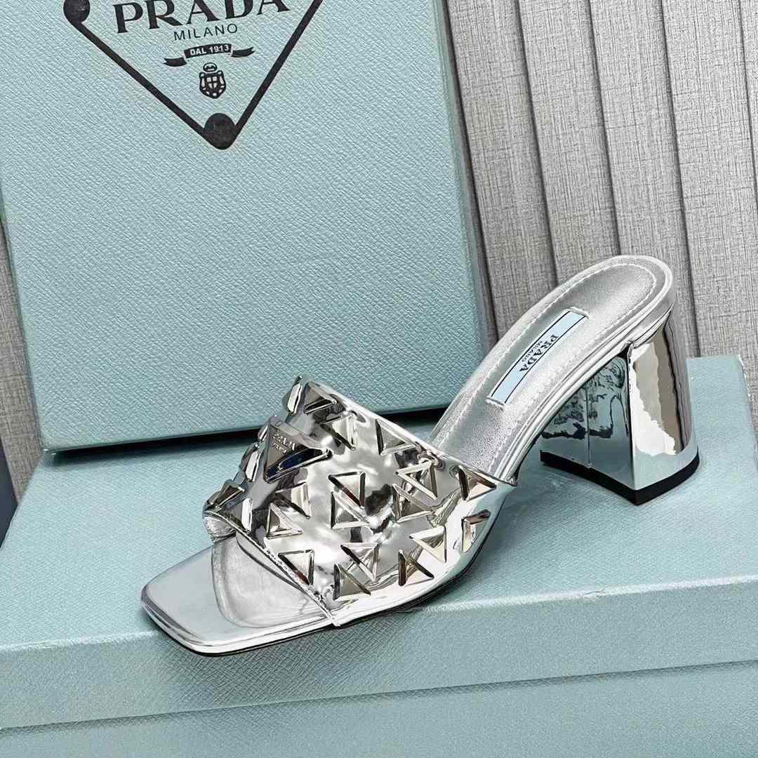 Prada Studded Metallic Leather Mules - EUR FASHION