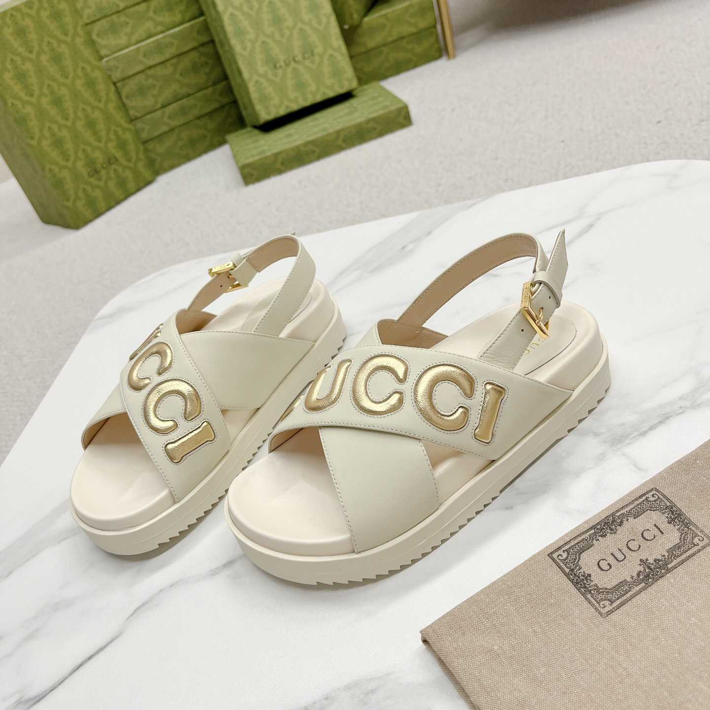 Gucci White Embossed Sandals - EUR FASHION