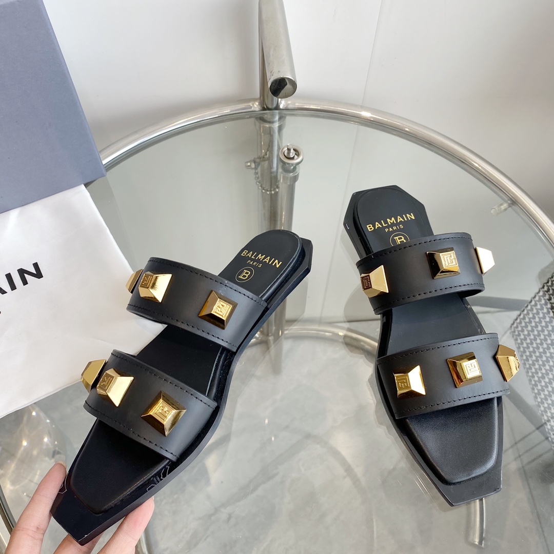 Balmain Ana Studded Leather Slides - EUR FASHION