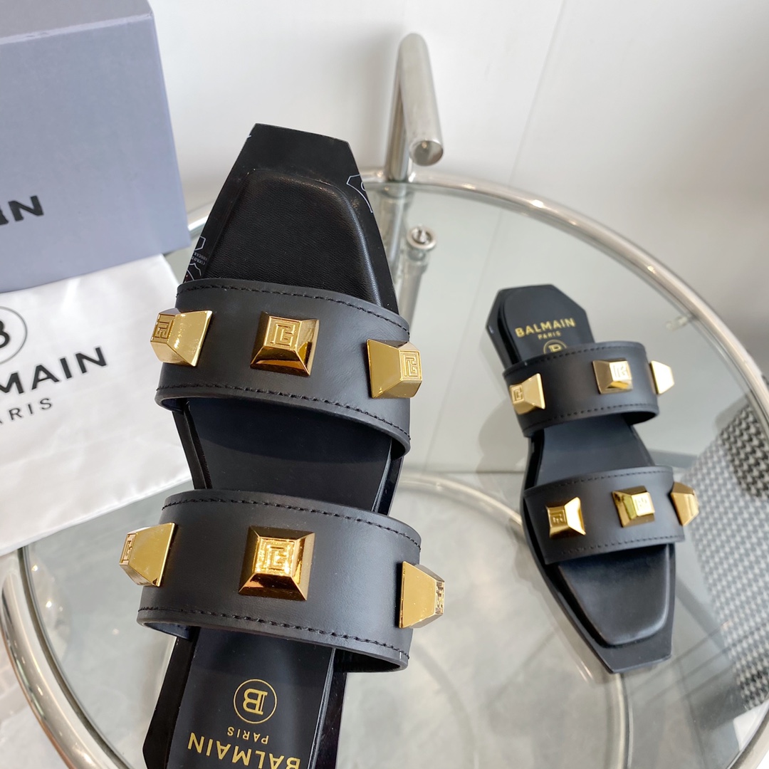 Balmain Ana Studded Leather Slides - EUR FASHION