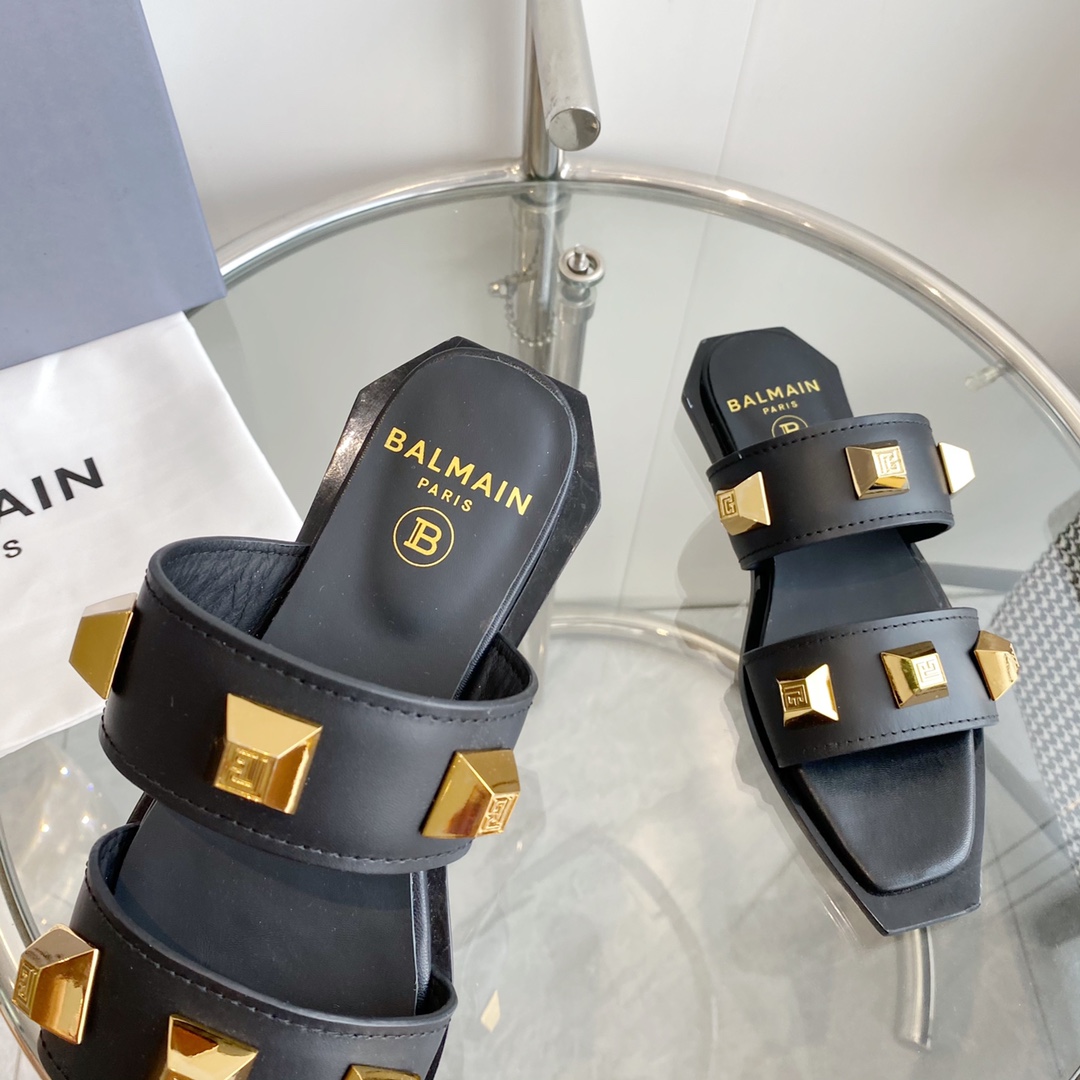 Balmain Ana Studded Leather Slides - EUR FASHION