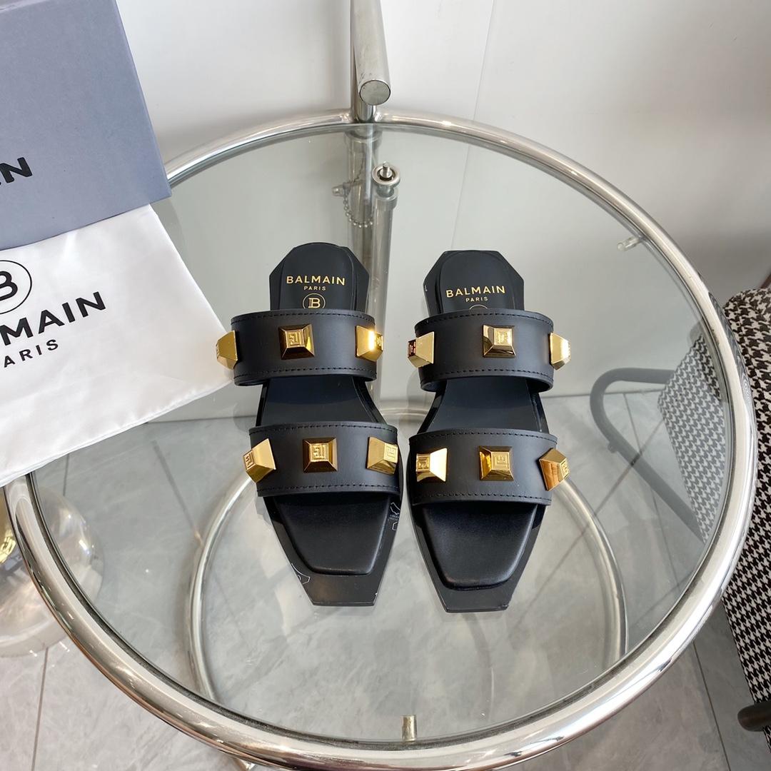 Balmain Ana Studded Leather Slides - EUR FASHION