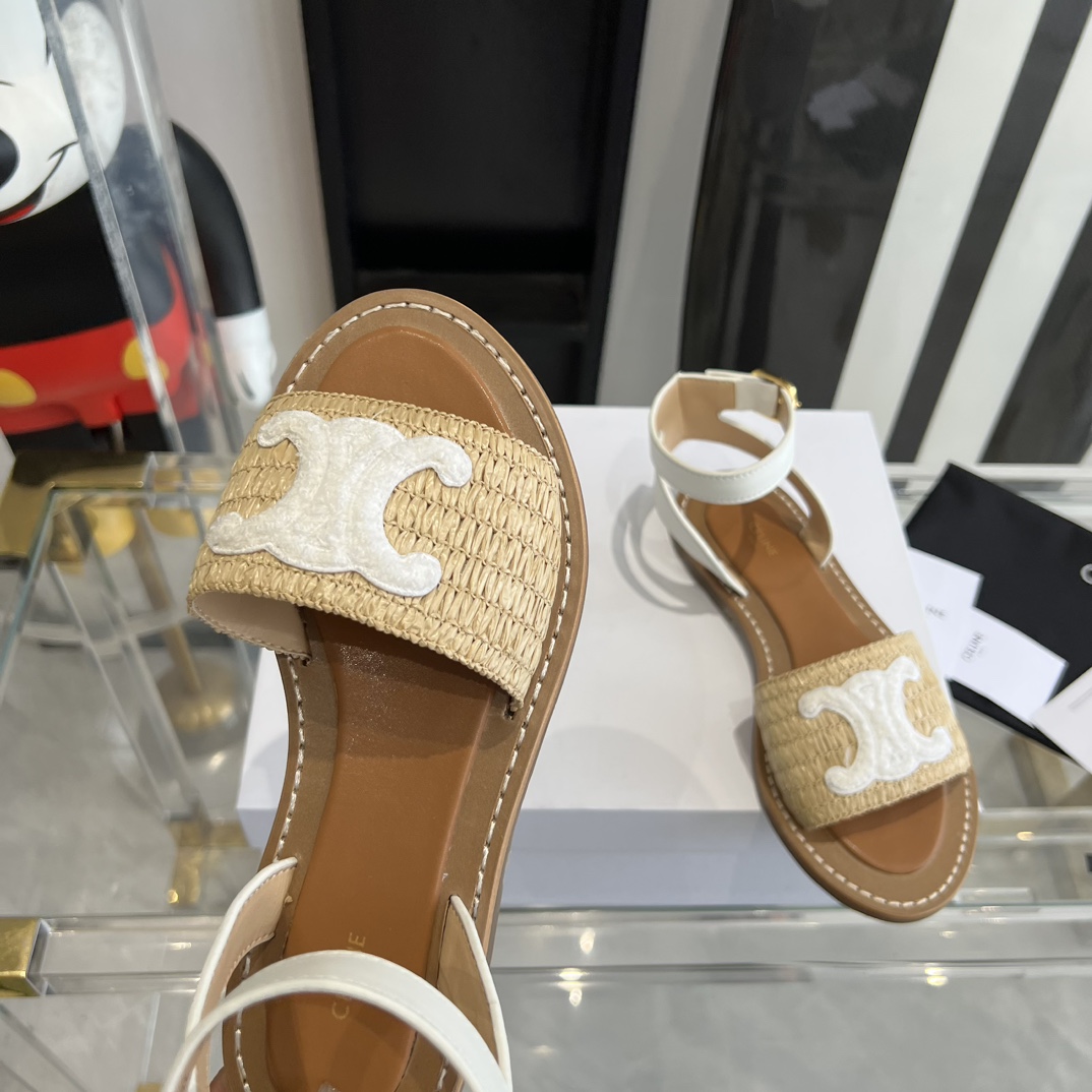 Celine Lympia Flat Strap Sandal In Raffia & Calfskin - EUR FASHION