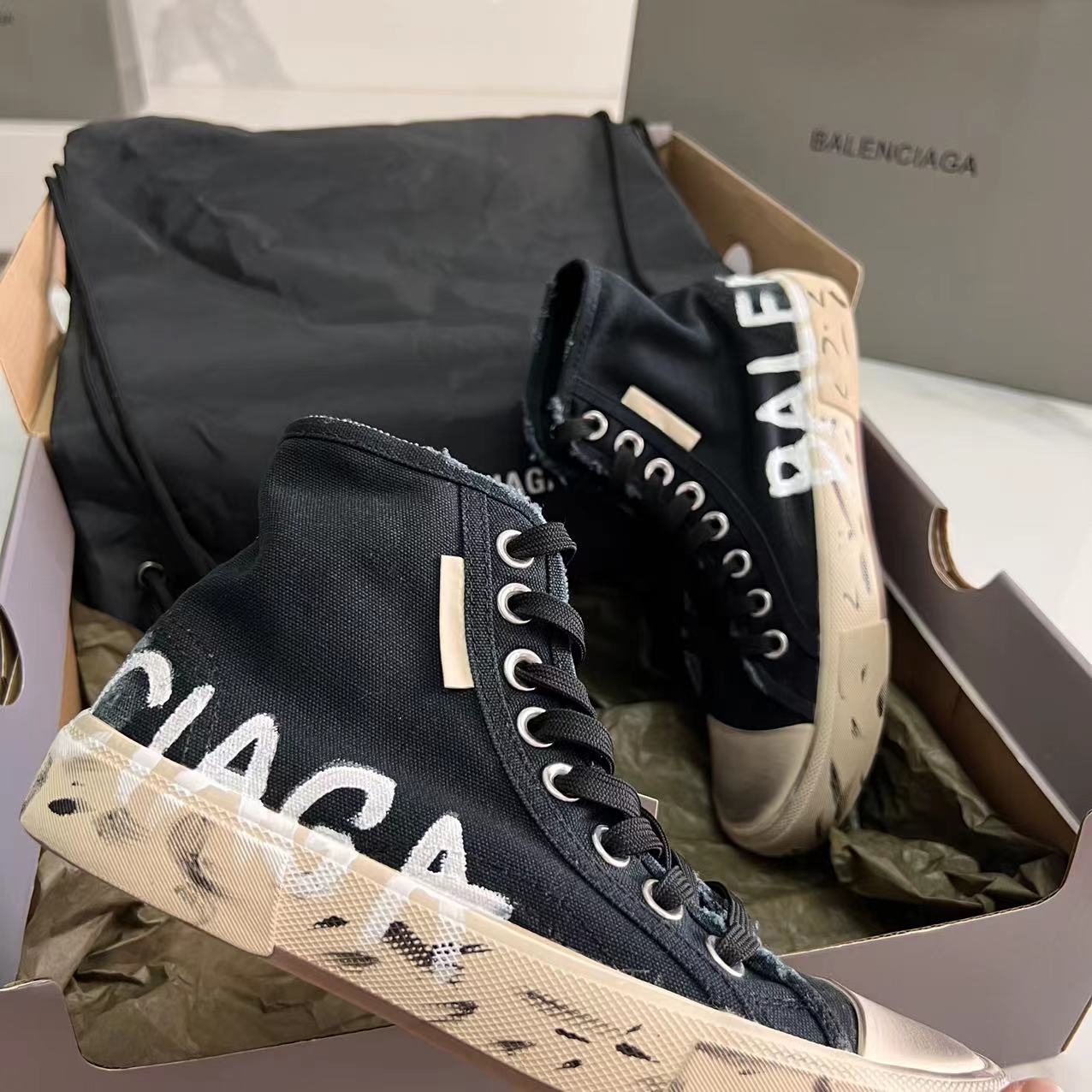 Balenciaga Paris High Top Graffiti Sneaker In Black - EUR FASHION