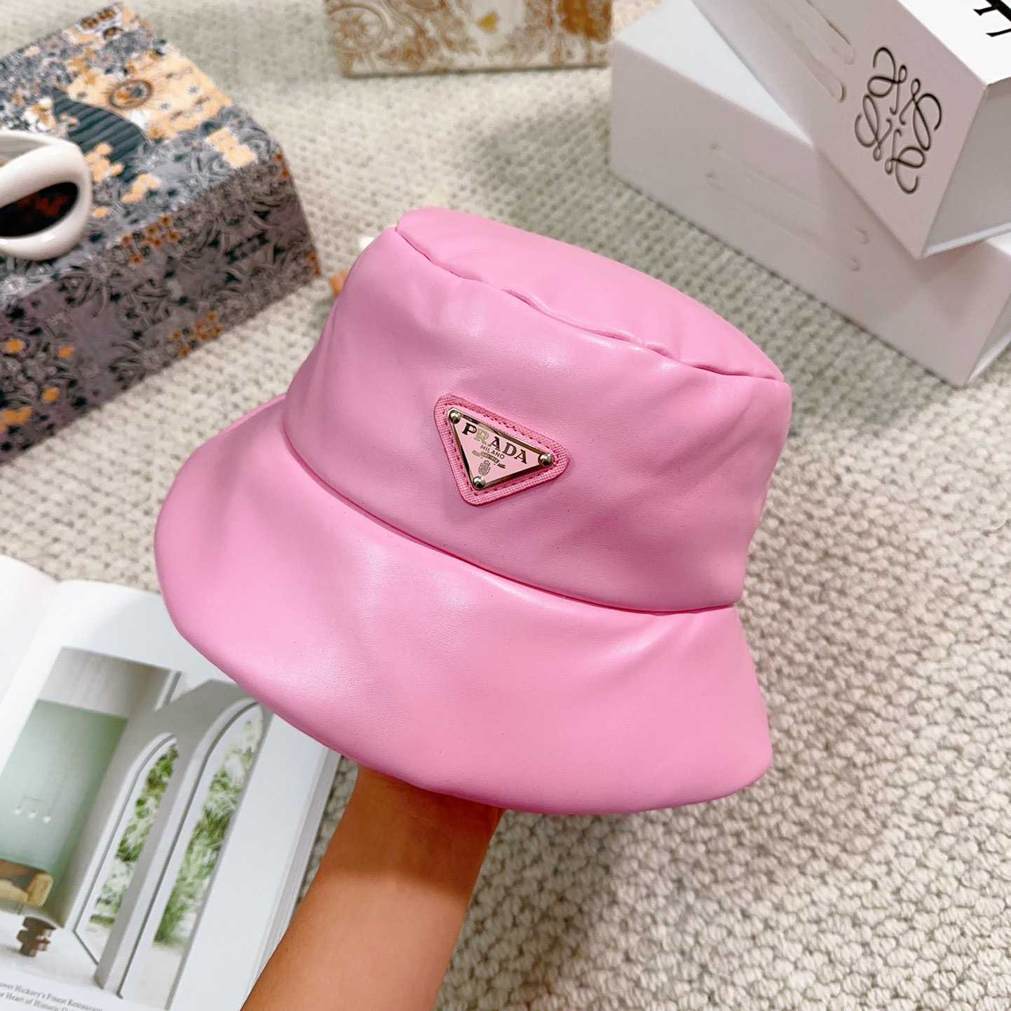 Prada Enamelled-logo Leather Bucket Hat - EUR FASHION