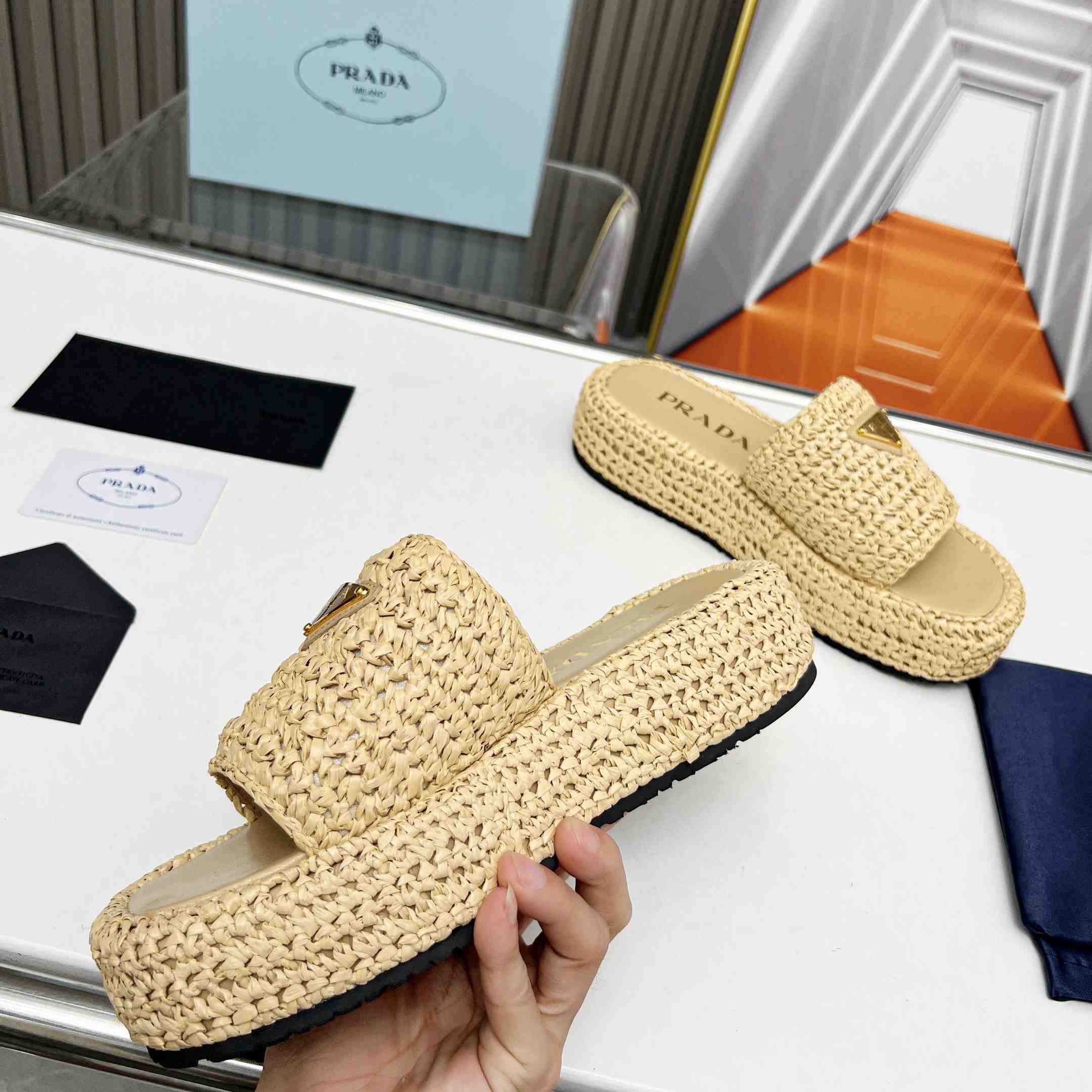 Prada Raffia Single-Band Platform Slides - EUR FASHION