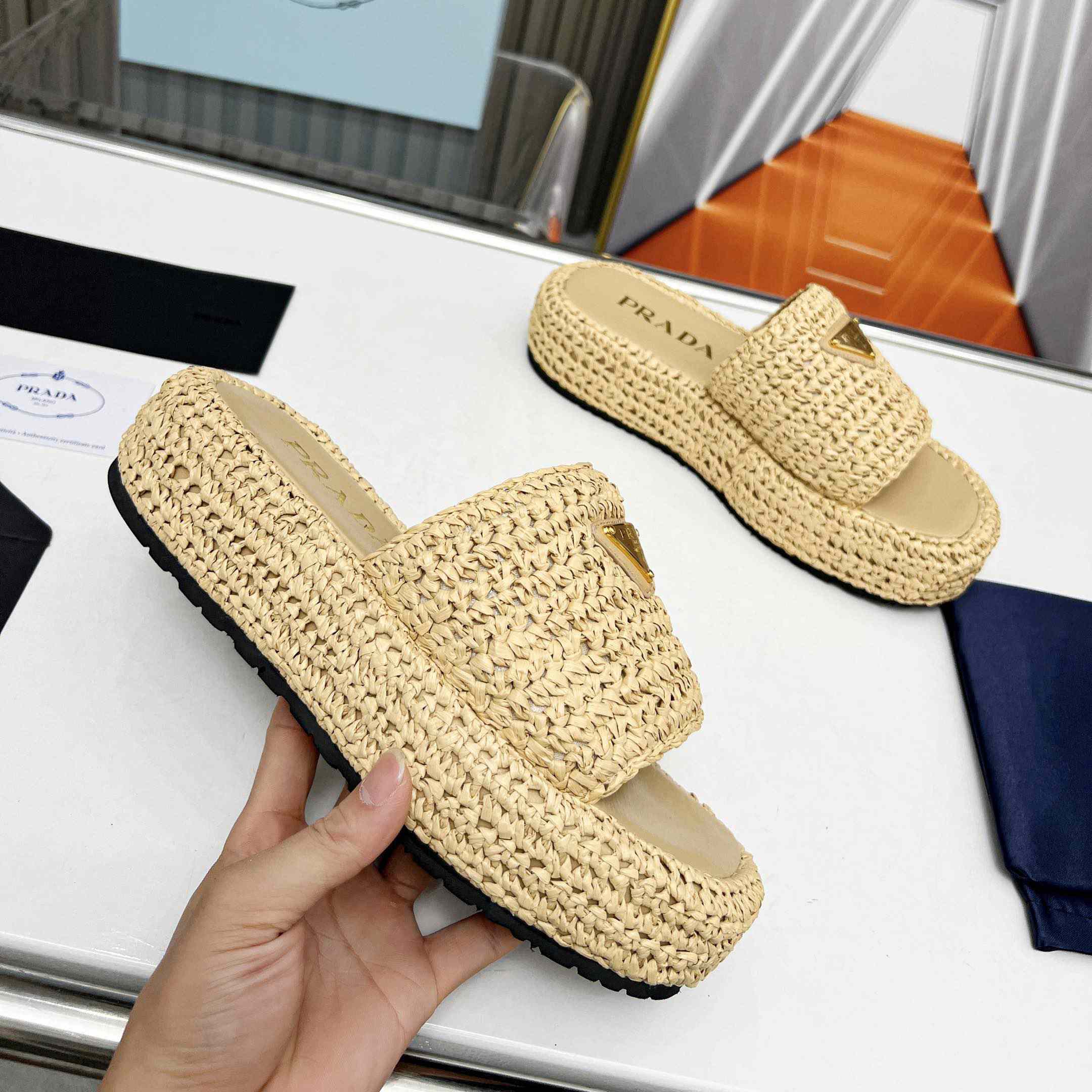 Prada Raffia Single-Band Platform Slides - EUR FASHION