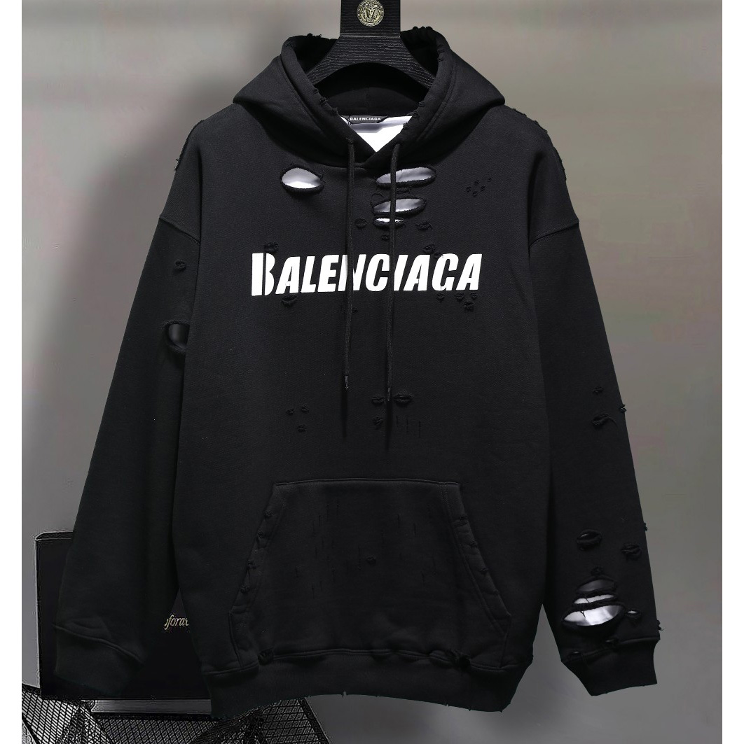 Balenciaga Destroyed Hoodie In Black And White Medium Fleece - EUR FASHION