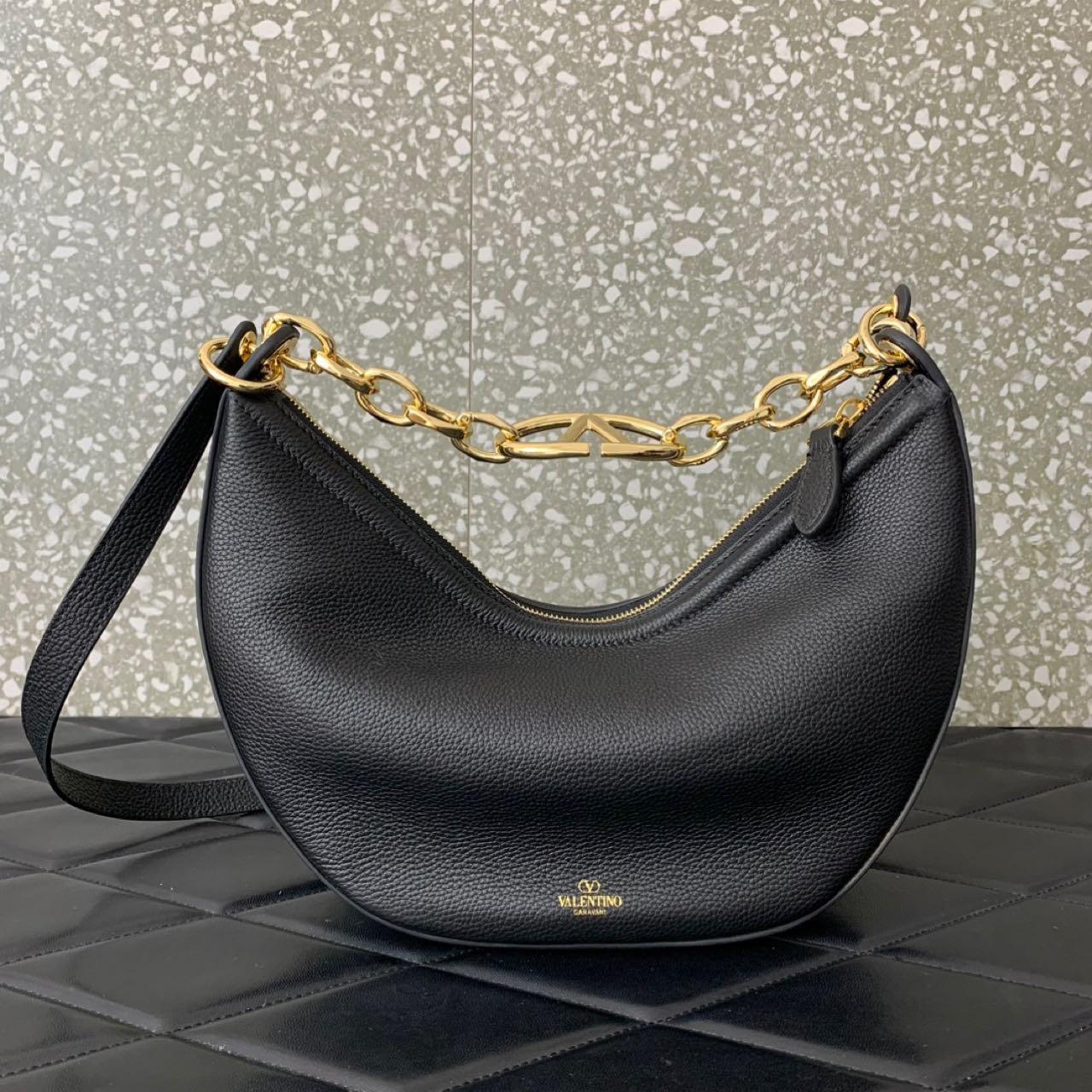 Valenti Small VLogo Moon Hobo Bag In Leather With Chain  - EUR FASHION