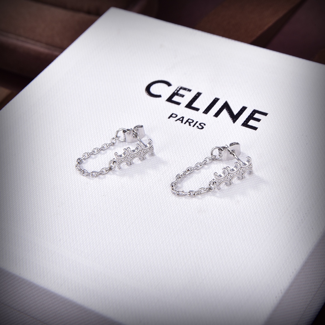 Celine Triomphe Chain Earrings In Brass With Rhodium Finish - EUR FASHION