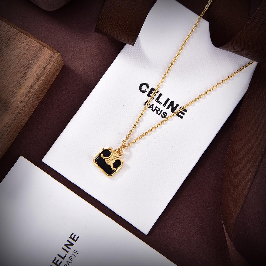 Celine Triomphe Indie Small Charms Necklace In Brass With Gold Finish And Nero Assoluto - EUR FASHION