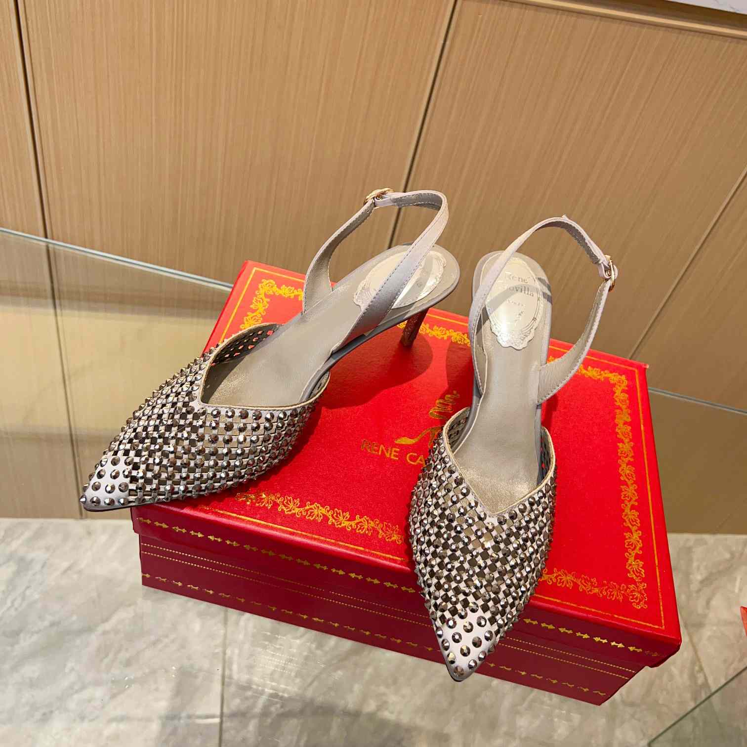 Rene Caovilla Ginger Crystal Silver Slingback 80 - EUR FASHION