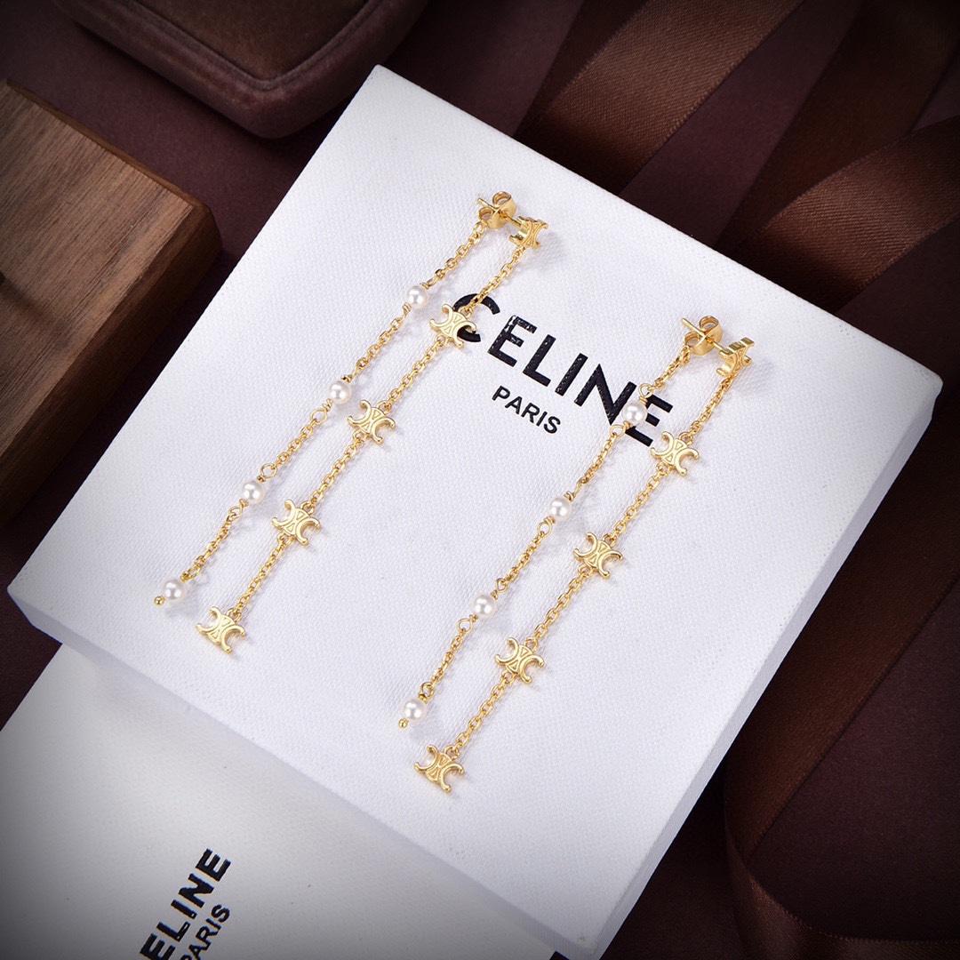 Celine Triomphe Long Pearl Earrings In Brass With Gold Finish And Resin Pearls - EUR FASHION