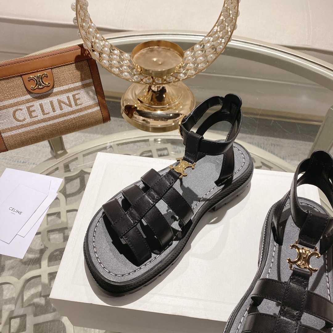 Celine Clea Triomphe Gladiator Sandal In Calfskin - Vegetal Tanning Black - EUR FASHION