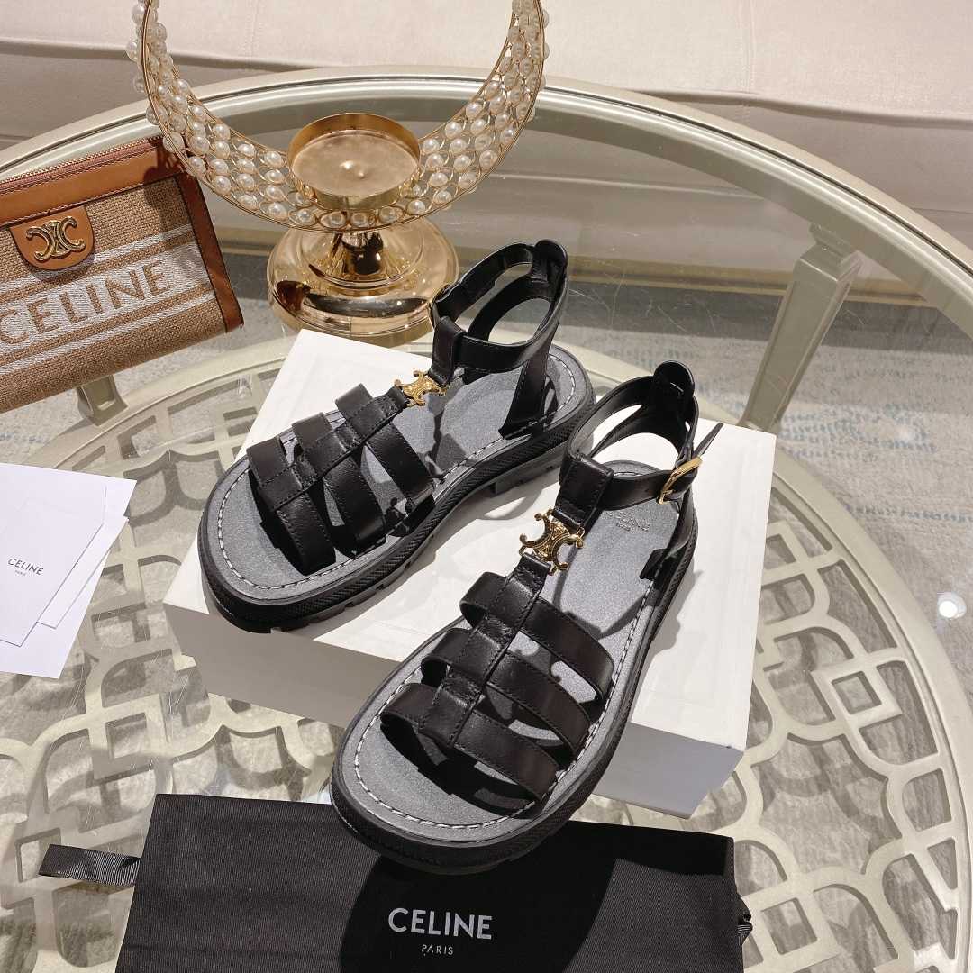 Celine Clea Triomphe Gladiator Sandal In Calfskin - Vegetal Tanning Black - EUR FASHION