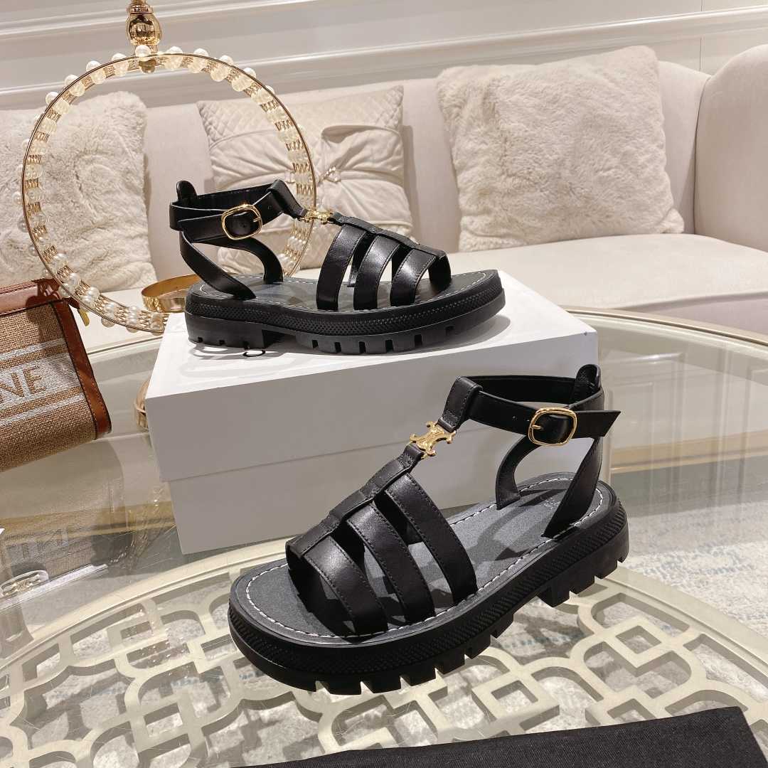 Celine Clea Triomphe Gladiator Sandal In Calfskin - Vegetal Tanning Black - EUR FASHION