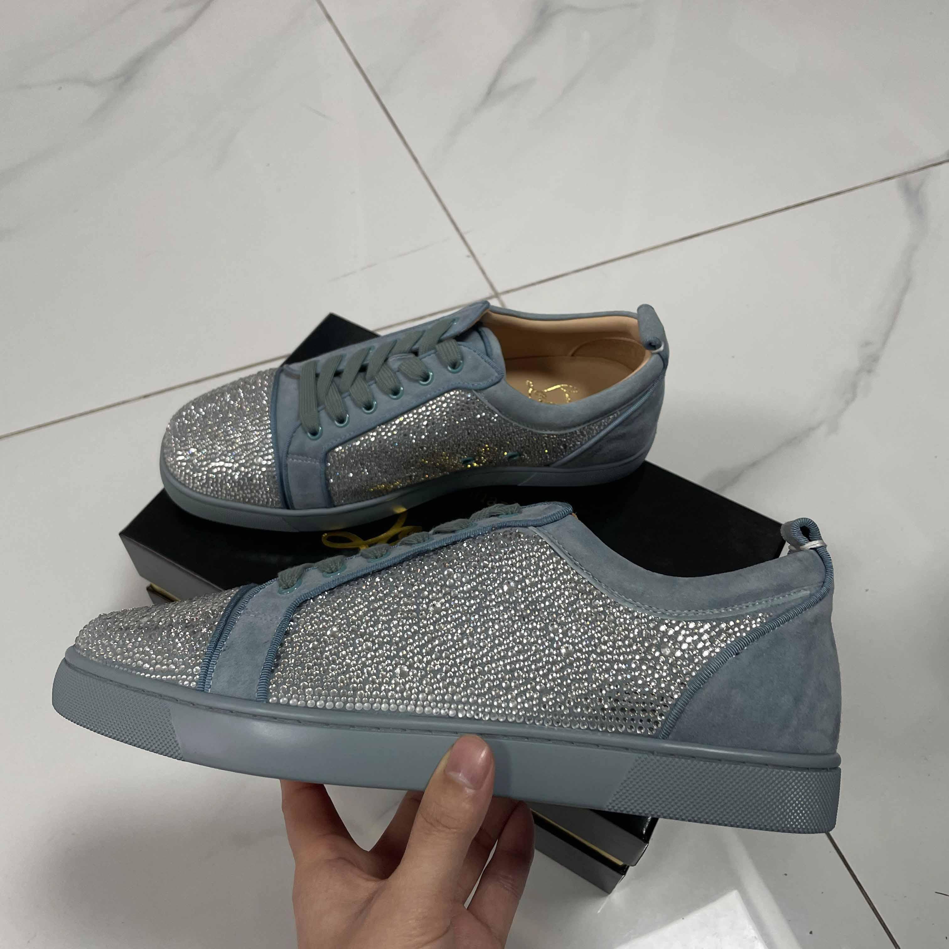 Christian Louboutin Men's Louis Junior Strass Rhinestone Suede Low-Top Sneakers - EUR FASHION