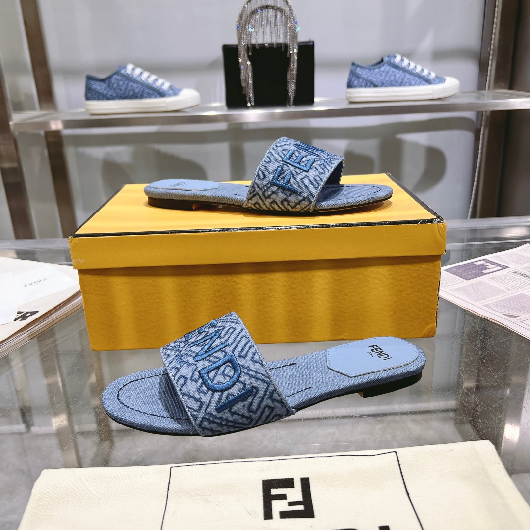 Fendi Signature Blue Denim Slides - EUR FASHION