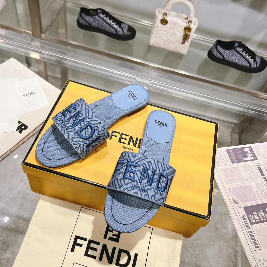 Fendi Signature Blue Denim Slides - EUR FASHION