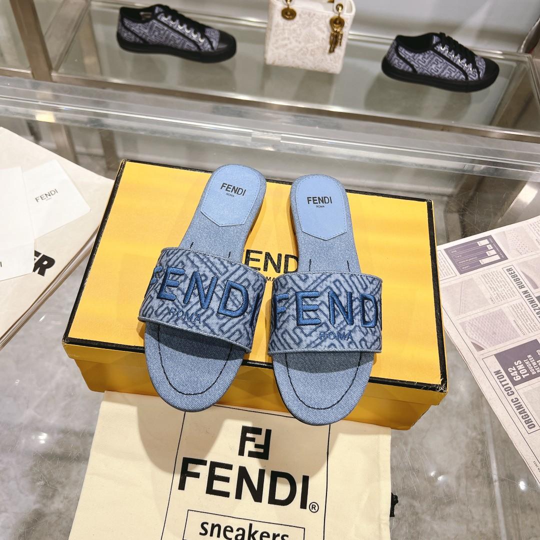 Fendi Signature Blue Denim Slides - EUR FASHION