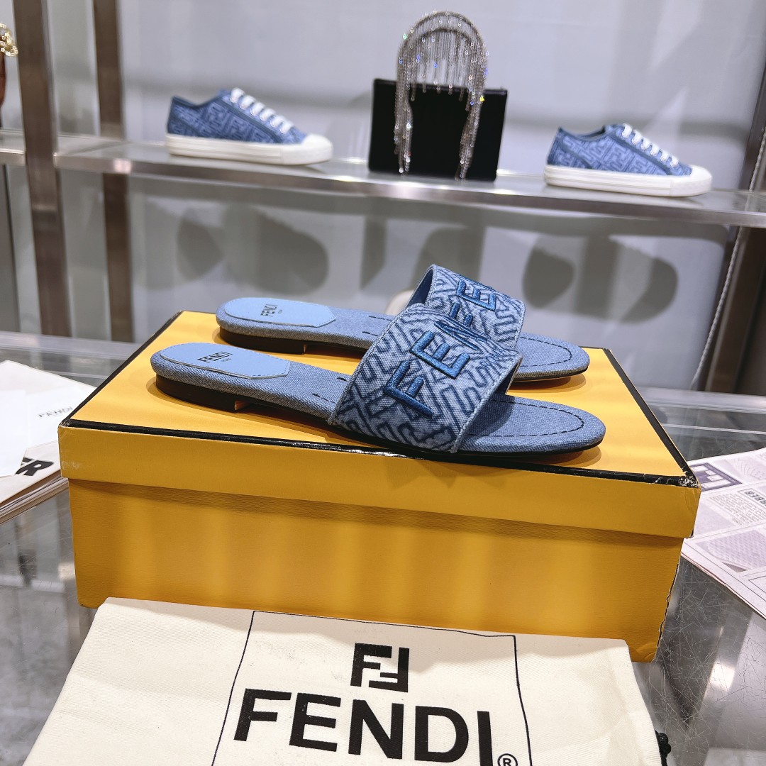 Fendi Signature Blue Denim Slides - EUR FASHION