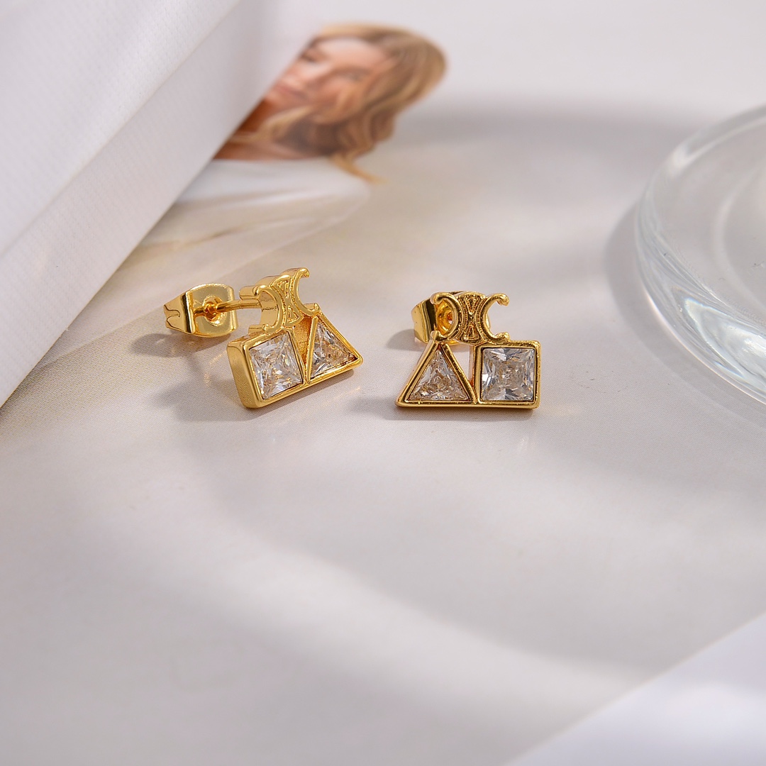 Celine Geometric Earrings In Brass With Gold Finish And Strass - EUR FASHION