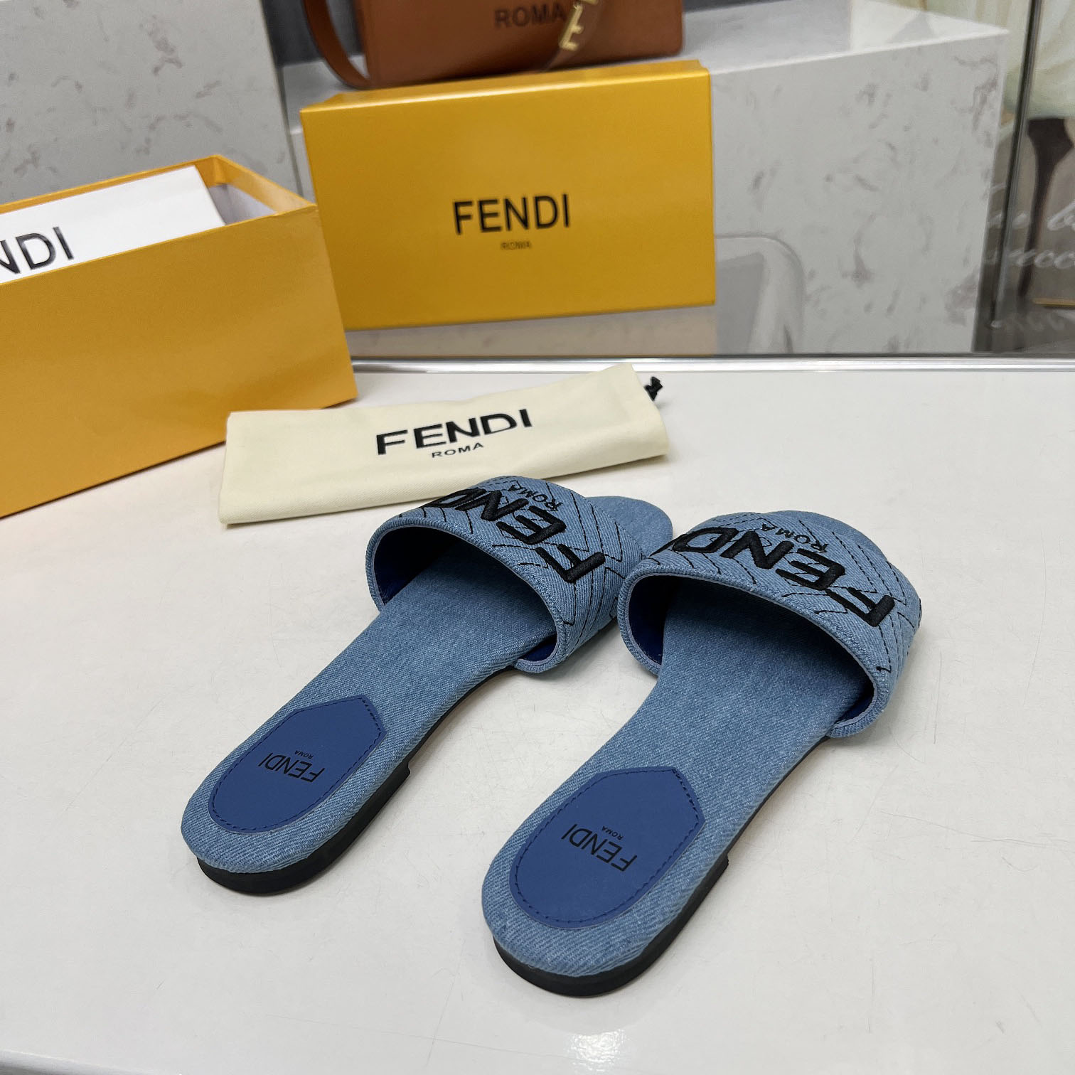 Fendi Signature Blue Denim Slides - EUR FASHION