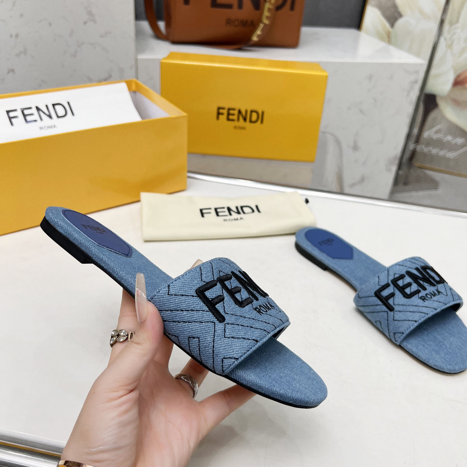 Fendi Signature Blue Denim Slides - EUR FASHION