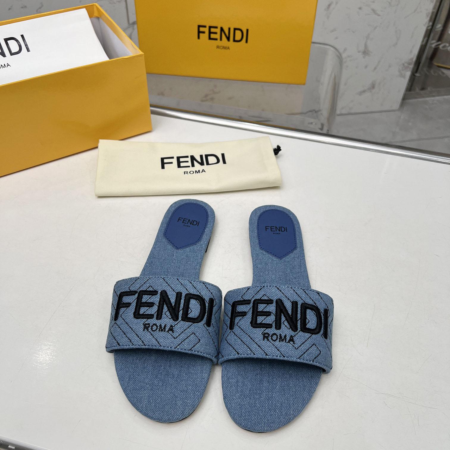 Fendi Signature Blue Denim Slides - EUR FASHION