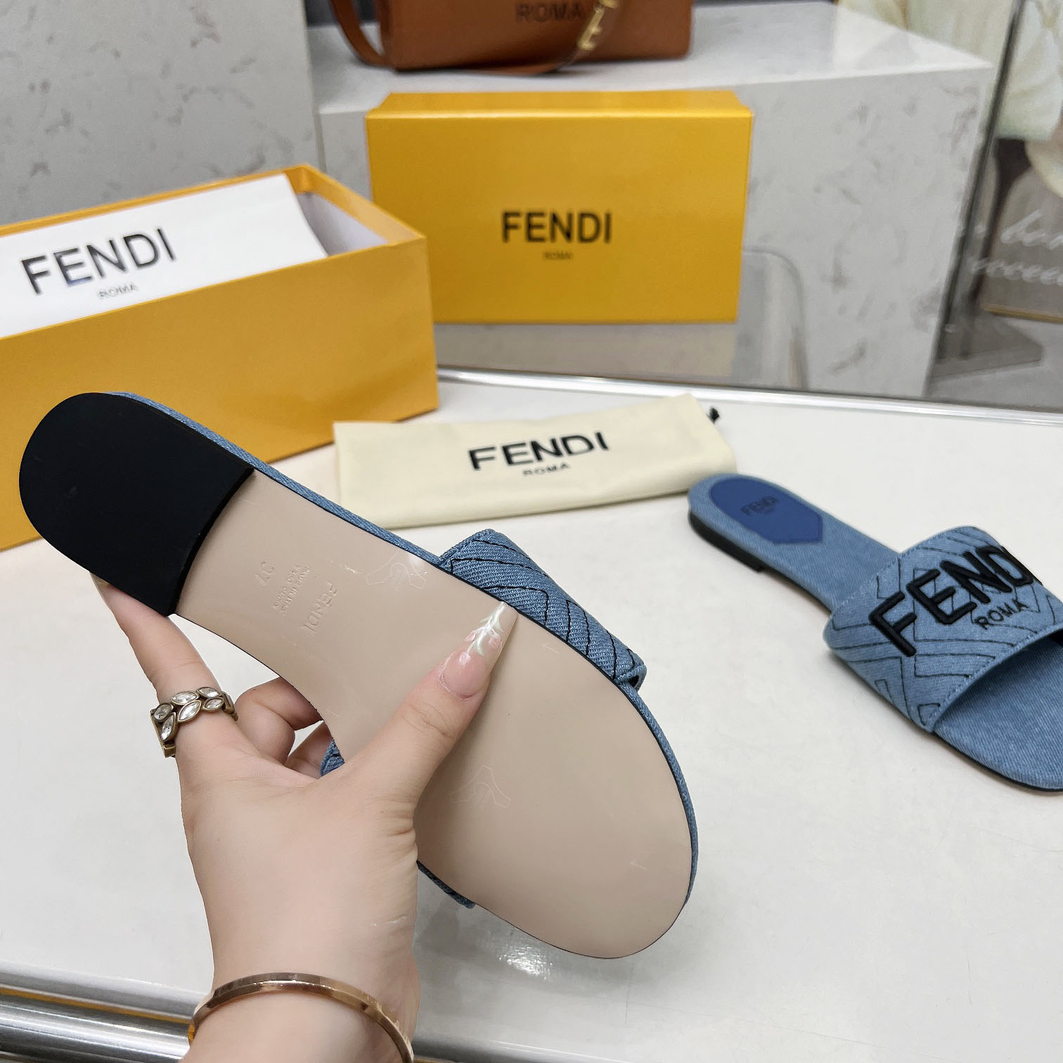 Fendi Signature Blue Denim Slides - EUR FASHION